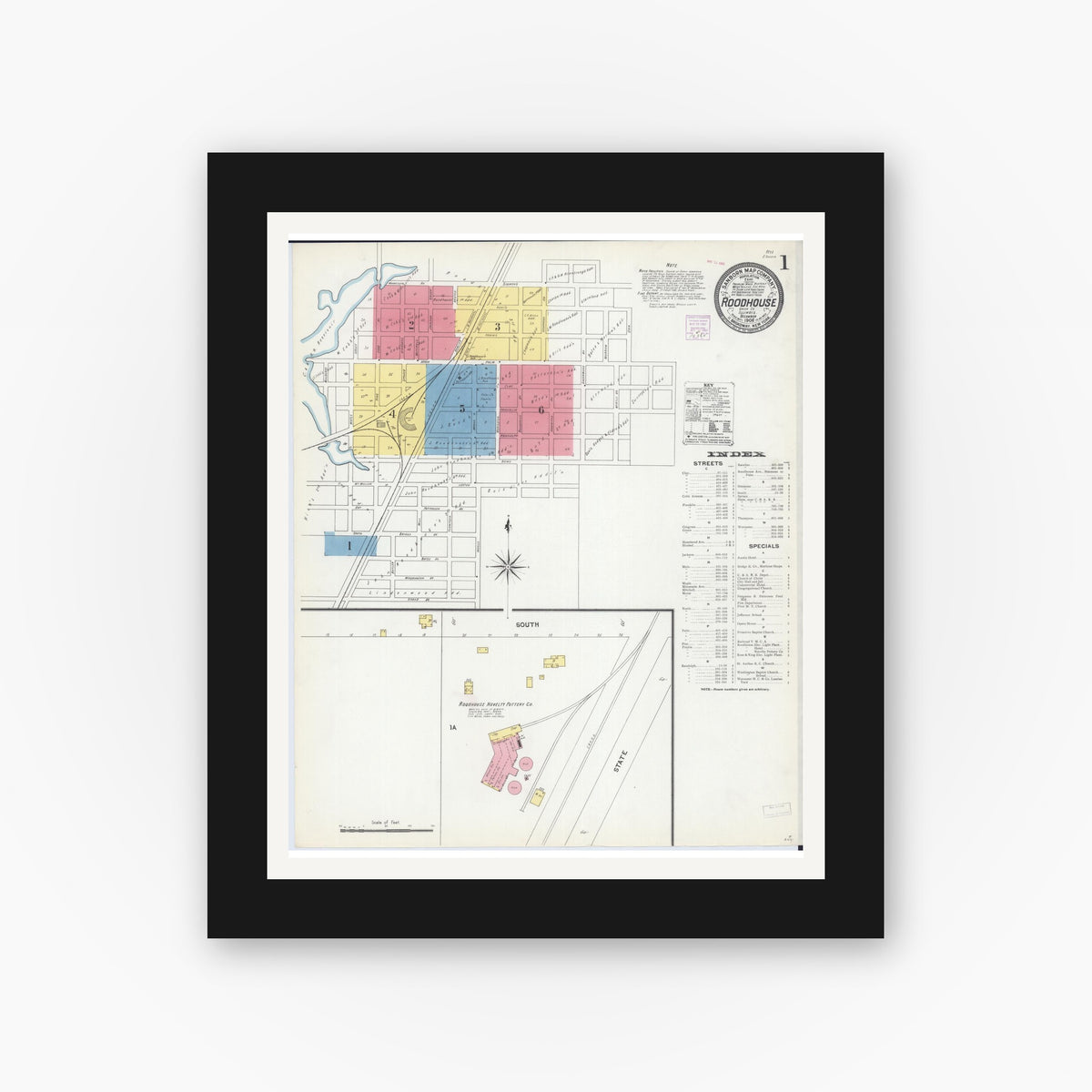 Old map wall art mockup — black gallery frame with white mat — Sanborn Fire Insurance Map from Roodhouse, Greene County, Illinois (1906), Sheet #0001