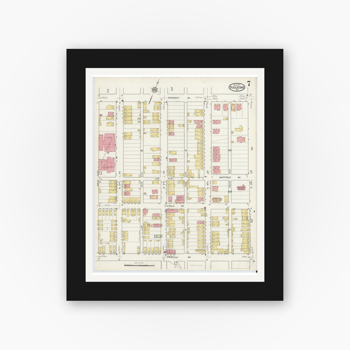Old map wall art mockup — black gallery frame with white mat — Sanborn Fire Insurance Map from Duquesne, Allegheny County, Pennsylvania (1917), Sheet #0007