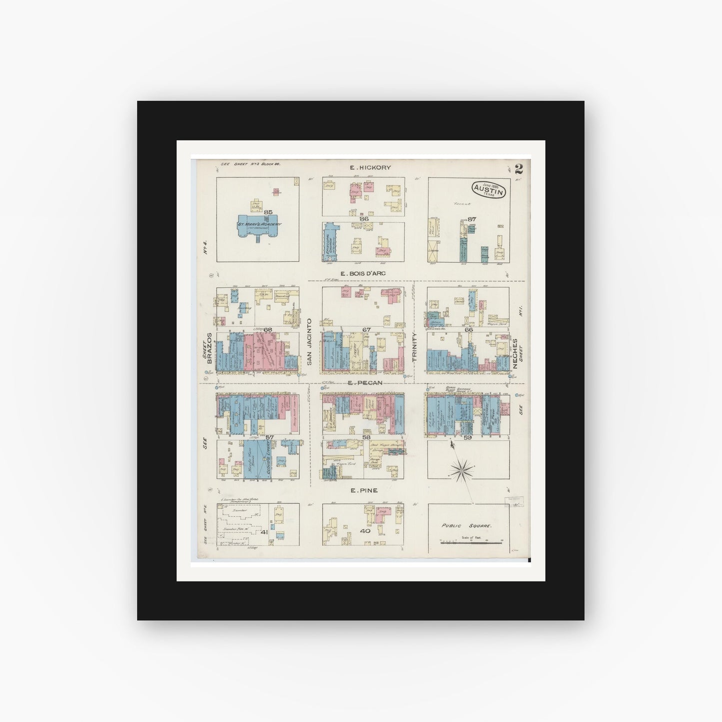 Old map wall art mockup — black gallery frame with white mat — Sanborn Fire Insurance Map from Austin, Travis County, Texas (1885), Sheet #0002