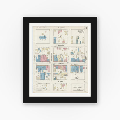 Old map wall art mockup — black gallery frame with white mat — Sanborn Fire Insurance Map from Austin, Travis County, Texas (1885), Sheet #0002