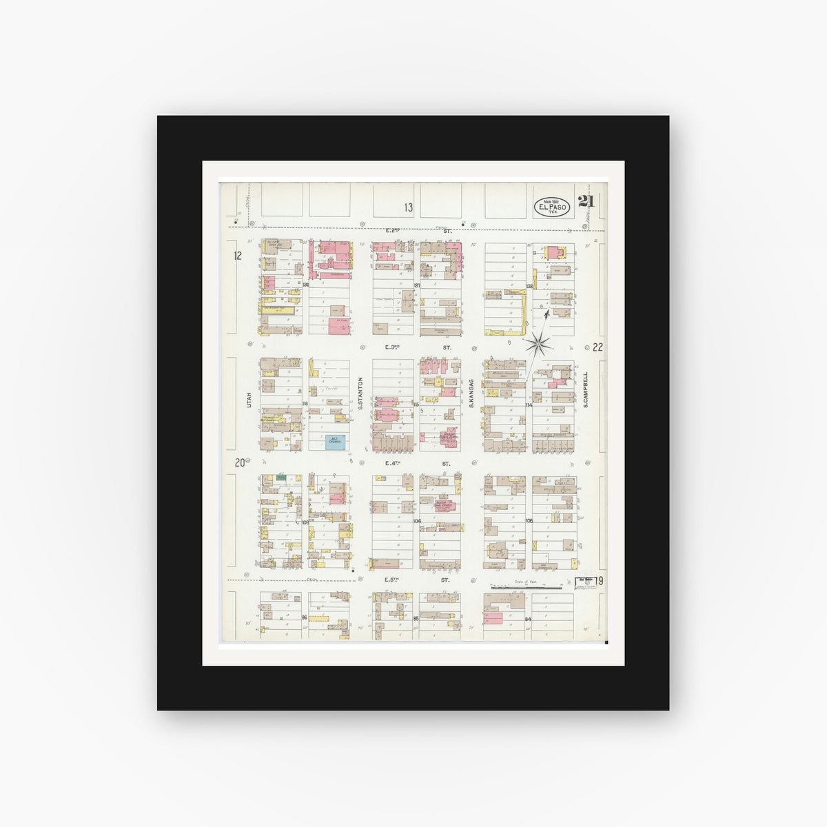 Old map wall art mockup — black gallery frame with white mat — Sanborn Fire Insurance Map from El Paso, El Paso County, Texas (1902), Sheet #0021