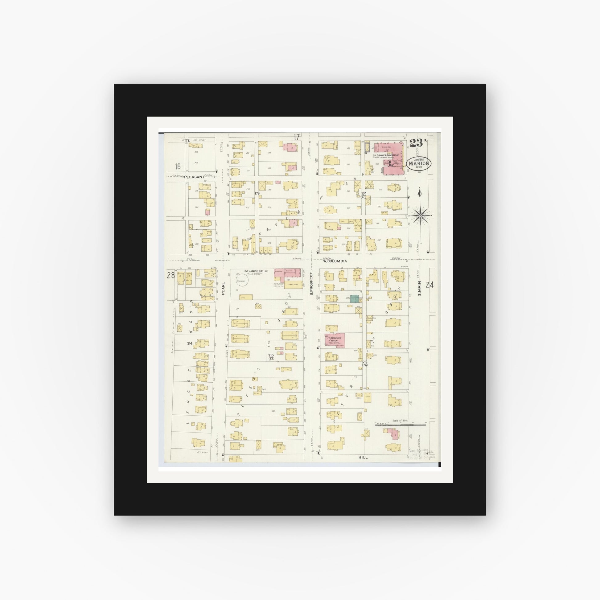 Old map wall art mockup — black gallery frame with white mat — Sanborn Fire Insurance Map from Marion, Marion County, Ohio (1908), Sheet #0023