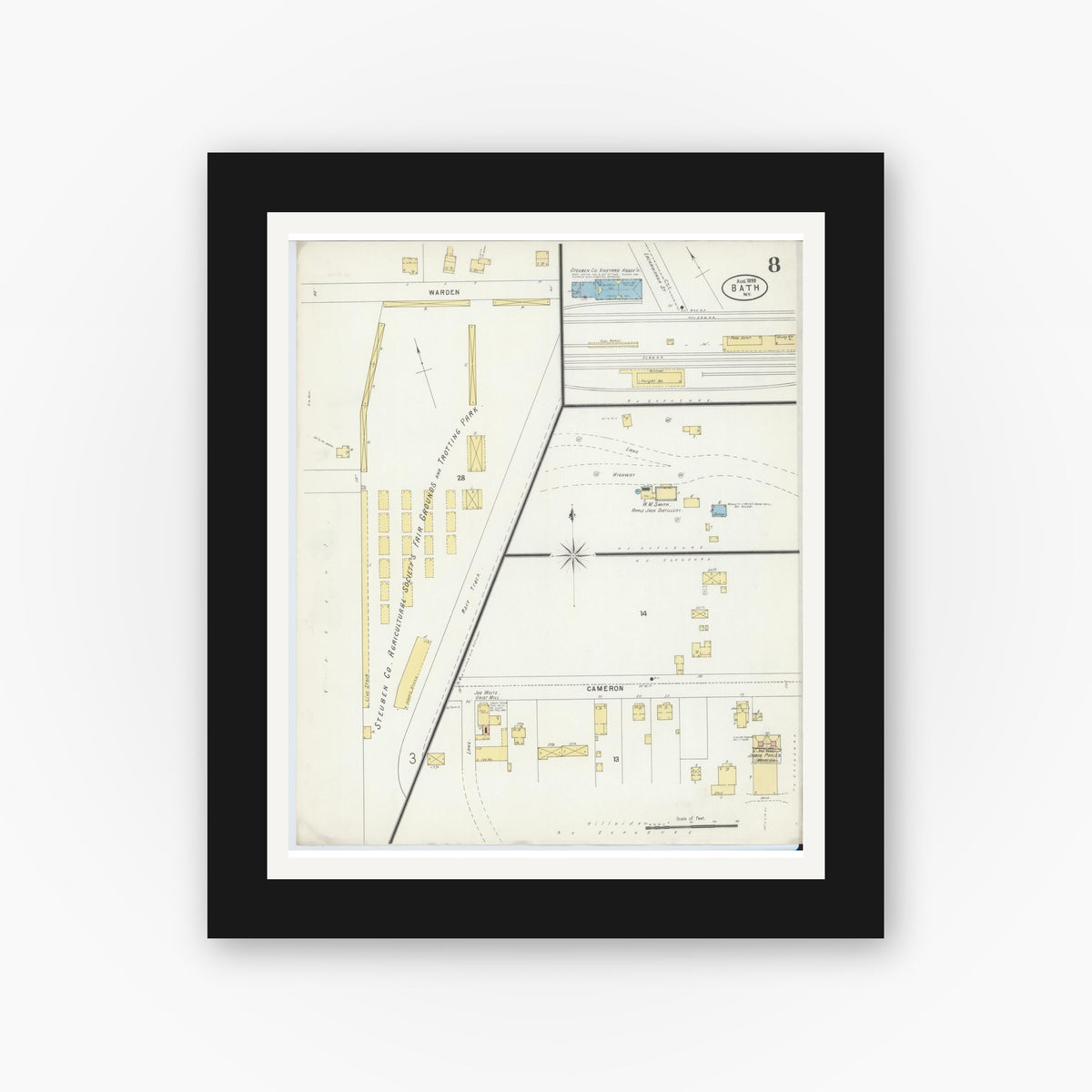 Old map wall art mockup — black gallery frame with white mat — Sanborn Fire Insurance Map from Bath, Steuben County, New York (1898), Sheet #0008
