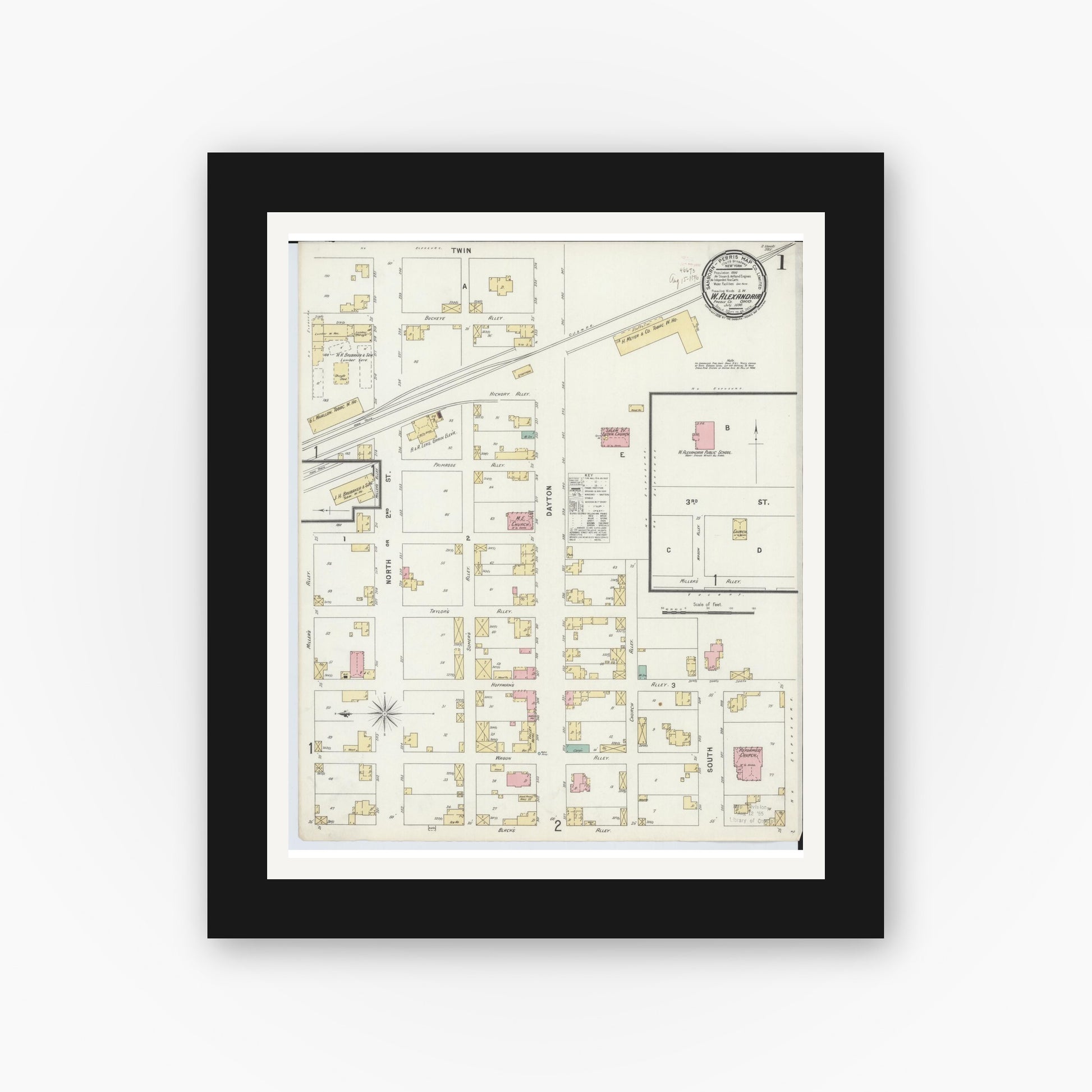 Old map wall art mockup — black gallery frame with white mat — Sanborn Fire Insurance Map from West Alexandria, Preble County, Ohio (1896) - Complete Map Set