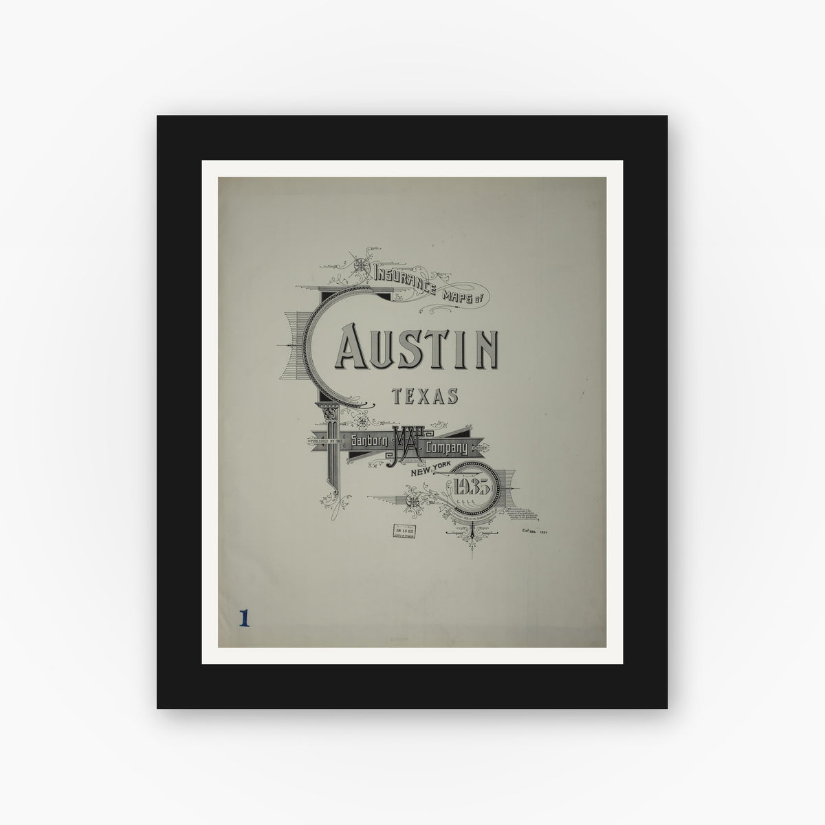 Old map wall art mockup — black gallery frame with white mat — Sanborn Fire Insurance Map from Austin, Travis County, Texas (1935), Sheet #0001