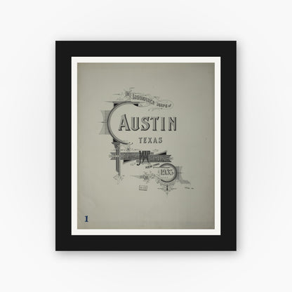 Old map wall art mockup — black gallery frame with white mat — Sanborn Fire Insurance Map from Austin, Travis County, Texas (1935), Sheet #0001