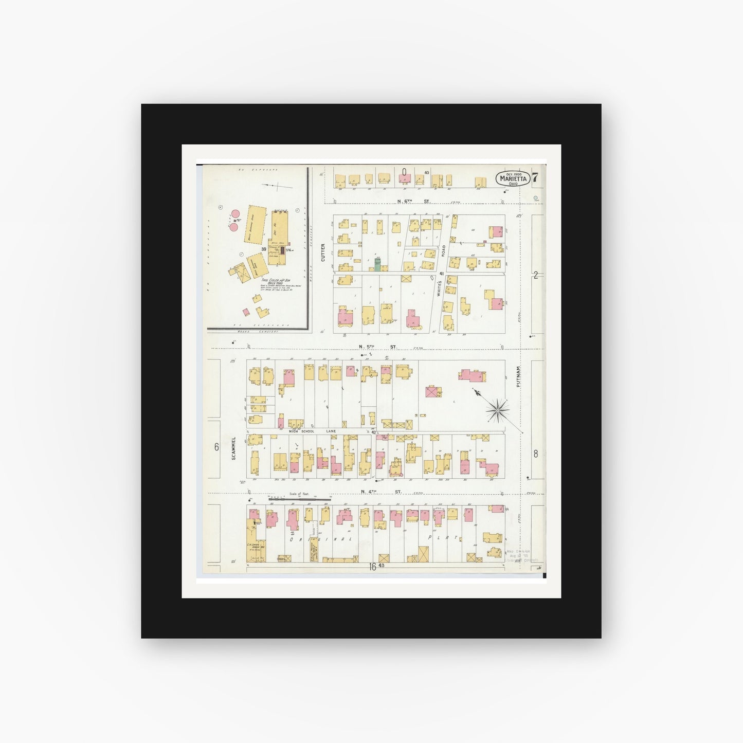 Old map wall art mockup — black gallery frame with white mat — Sanborn Fire Insurance Map from Marietta, Washington County, Ohio (1900), Sheet #0007