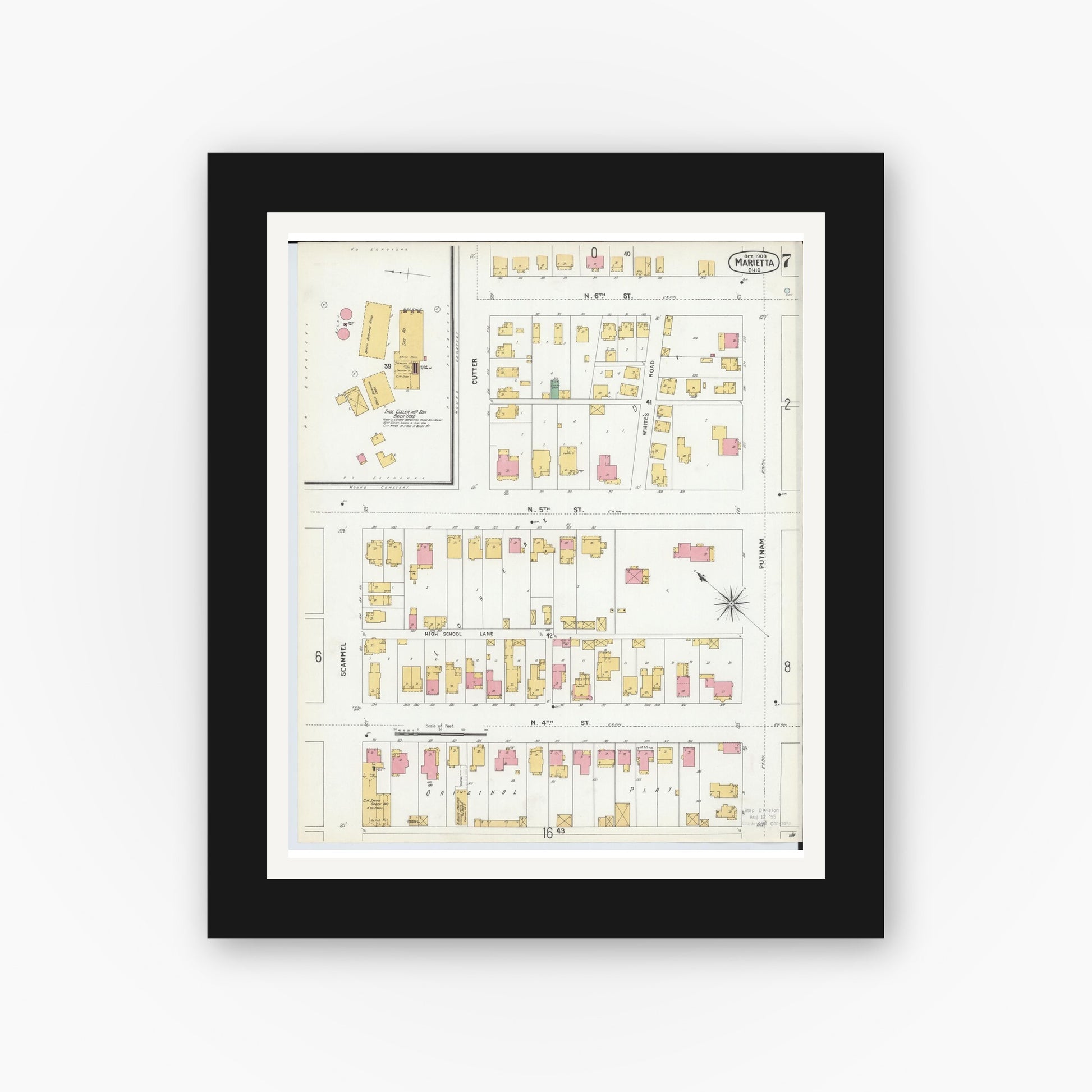 Old map wall art mockup — black gallery frame with white mat — Sanborn Fire Insurance Map from Marietta, Washington County, Ohio (1900), Sheet #0007