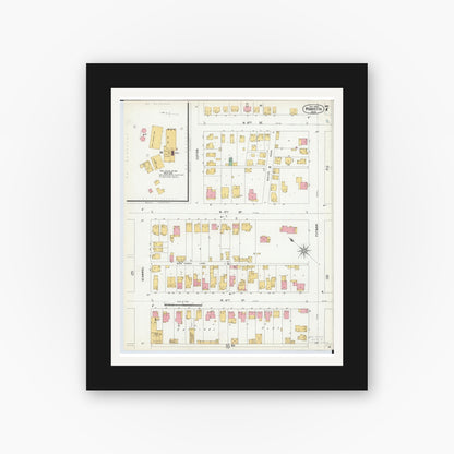 Old map wall art mockup — black gallery frame with white mat — Sanborn Fire Insurance Map from Marietta, Washington County, Ohio (1900), Sheet #0007