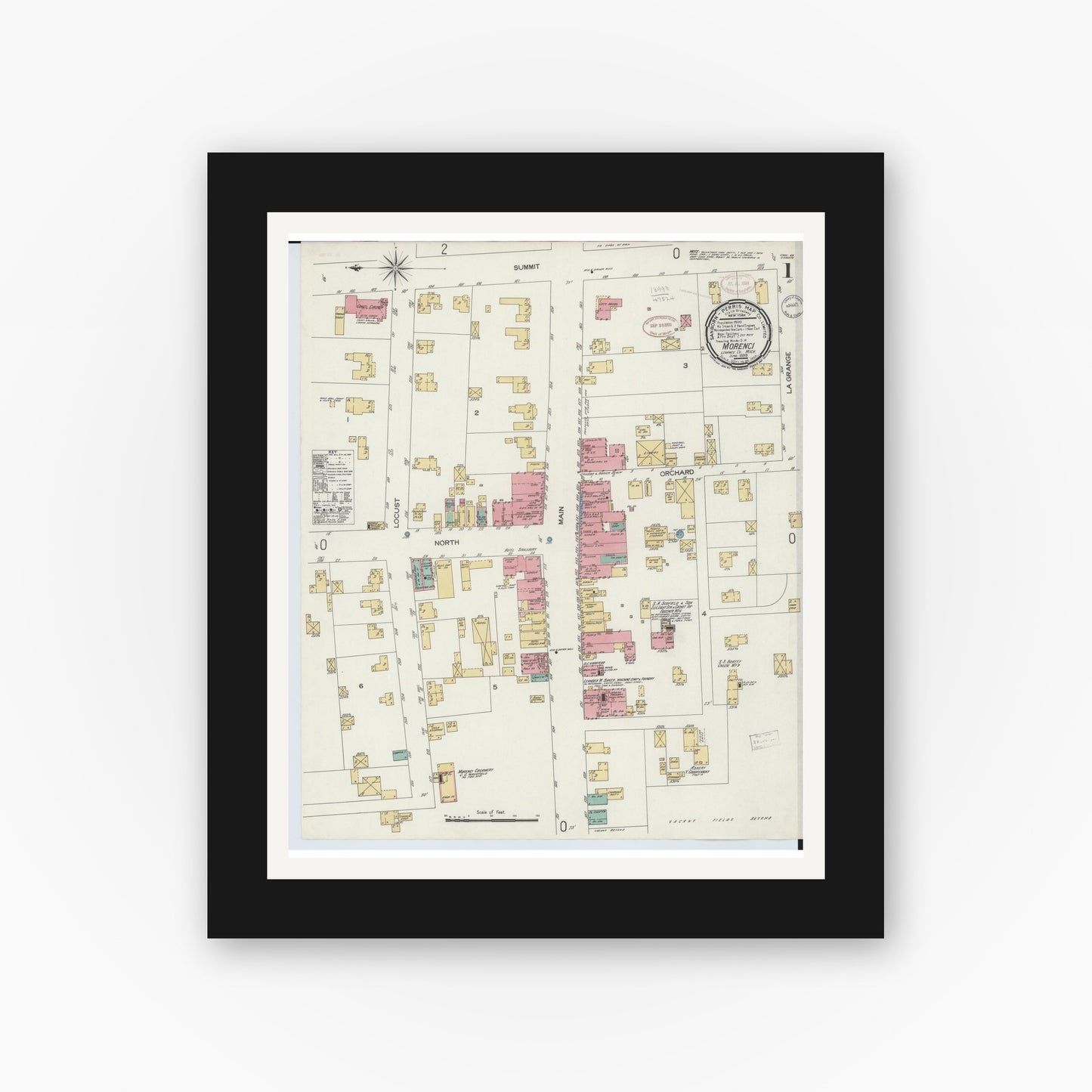 Old map wall art mockup — black gallery frame with white mat — Sanborn Fire Insurance Map from Morenci, Lenawee County, Michigan (1899) - Complete Map Set