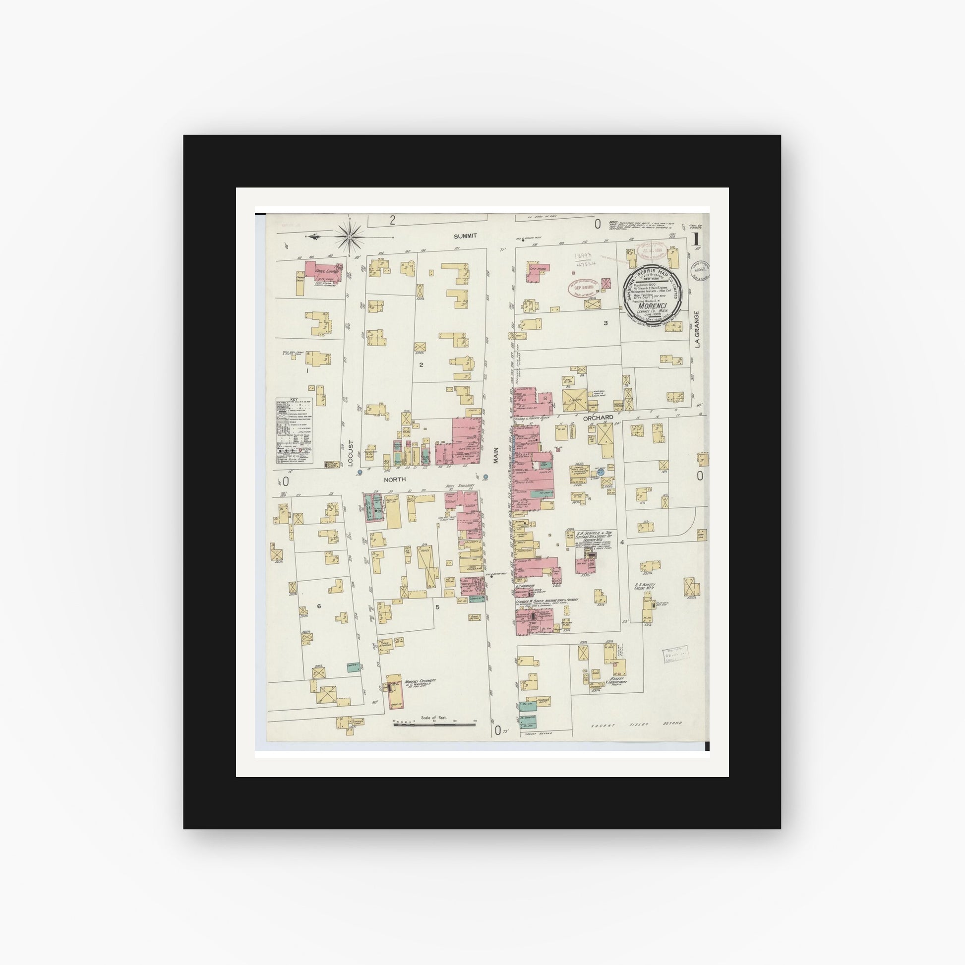 Old map wall art mockup — black gallery frame with white mat — Sanborn Fire Insurance Map from Morenci, Lenawee County, Michigan (1899) - Complete Map Set