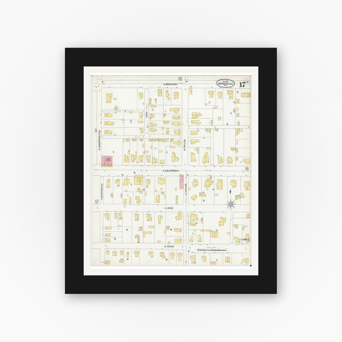 Old map wall art mockup — black gallery frame with white mat — Sanborn Fire Insurance Map from Gainesville, Cooke County, Texas (1902), Sheet #0017