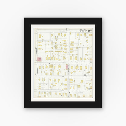 Old map wall art mockup — black gallery frame with white mat — Sanborn Fire Insurance Map from Gainesville, Cooke County, Texas (1902), Sheet #0017