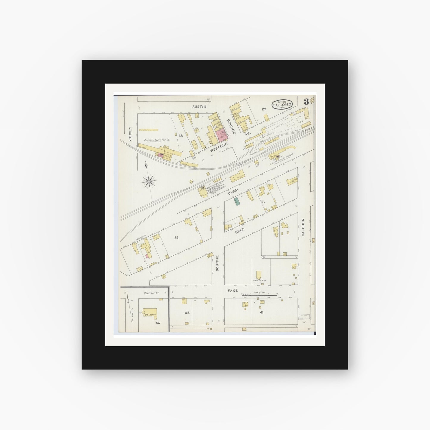 Old map wall art mockup — black gallery frame with white mat — Sanborn Fire Insurance Map from Tolono, Champaign County, Illinois (1893), Sheet #0003