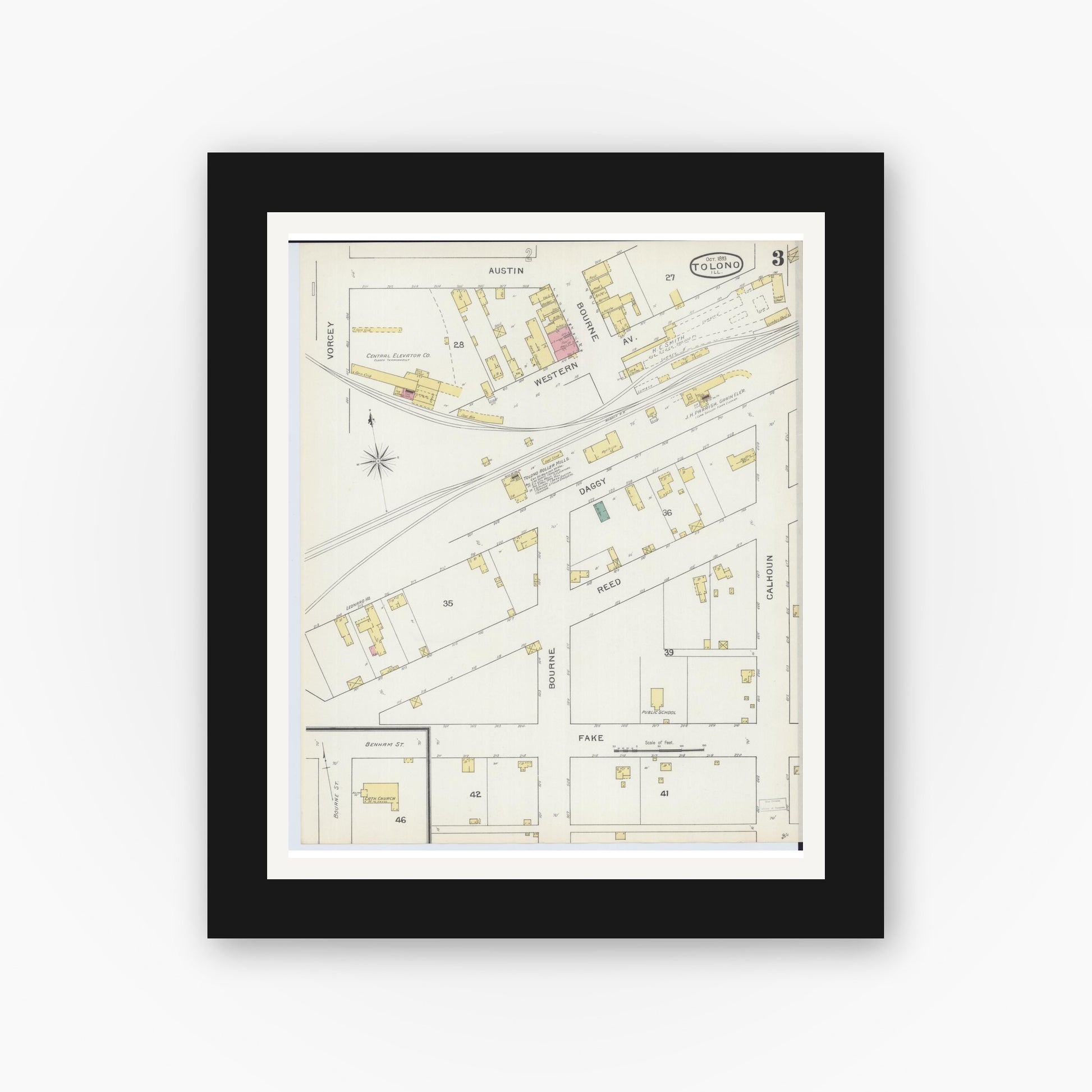 Old map wall art mockup — black gallery frame with white mat — Sanborn Fire Insurance Map from Tolono, Champaign County, Illinois (1893), Sheet #0003