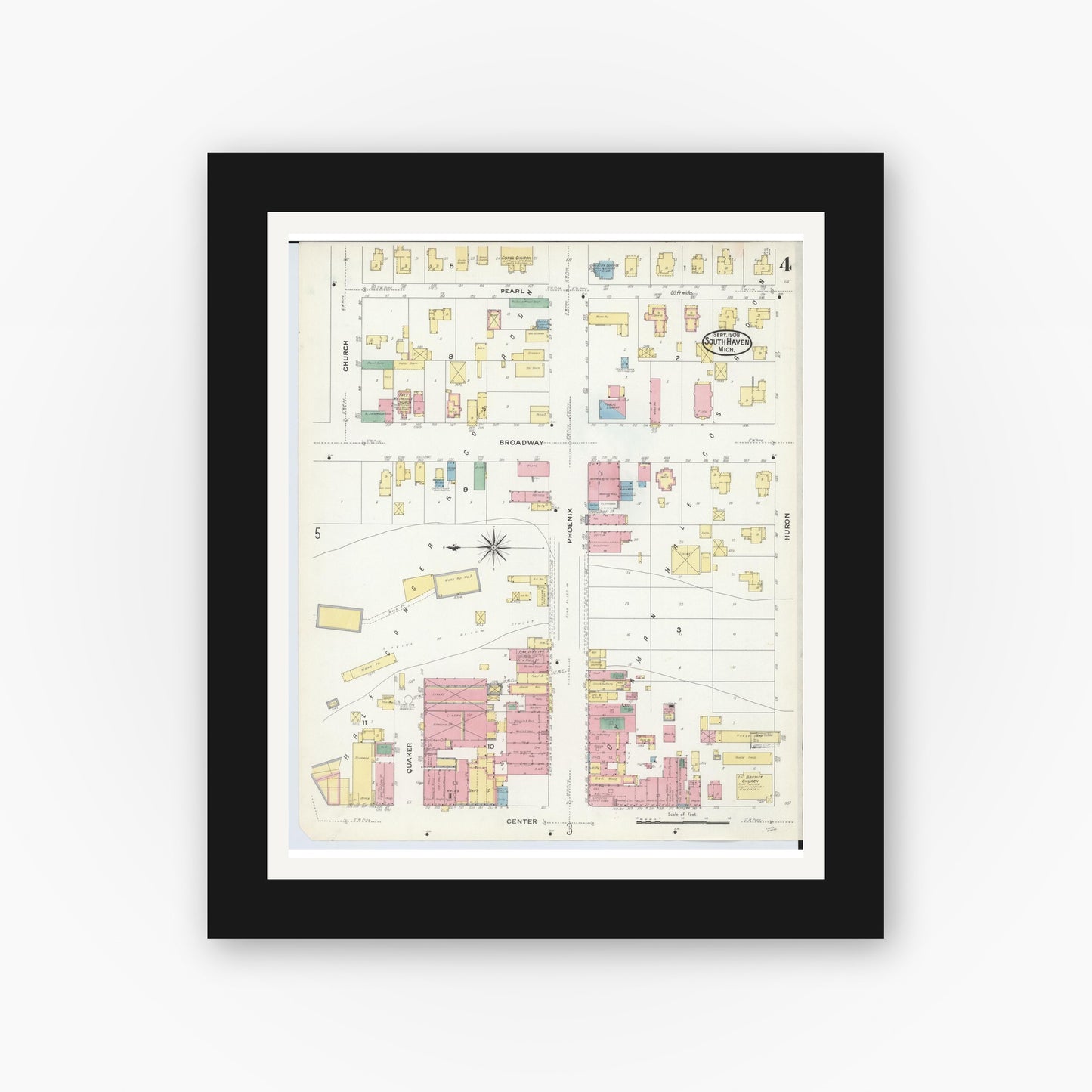 Old map wall art mockup — black gallery frame with white mat — Sanborn Fire Insurance Map from South Haven, Van Buren County, Michigan (1908), Sheet #0004