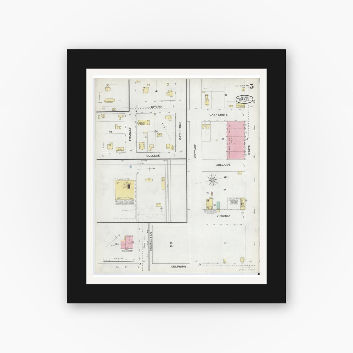 Old map wall art mockup — black gallery frame with white mat — Sanborn Fire Insurance Map from Terrell, Kaufman County, Texas (1892), Sheet #0005