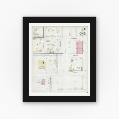 Old map wall art mockup — black gallery frame with white mat — Sanborn Fire Insurance Map from Terrell, Kaufman County, Texas (1892), Sheet #0005