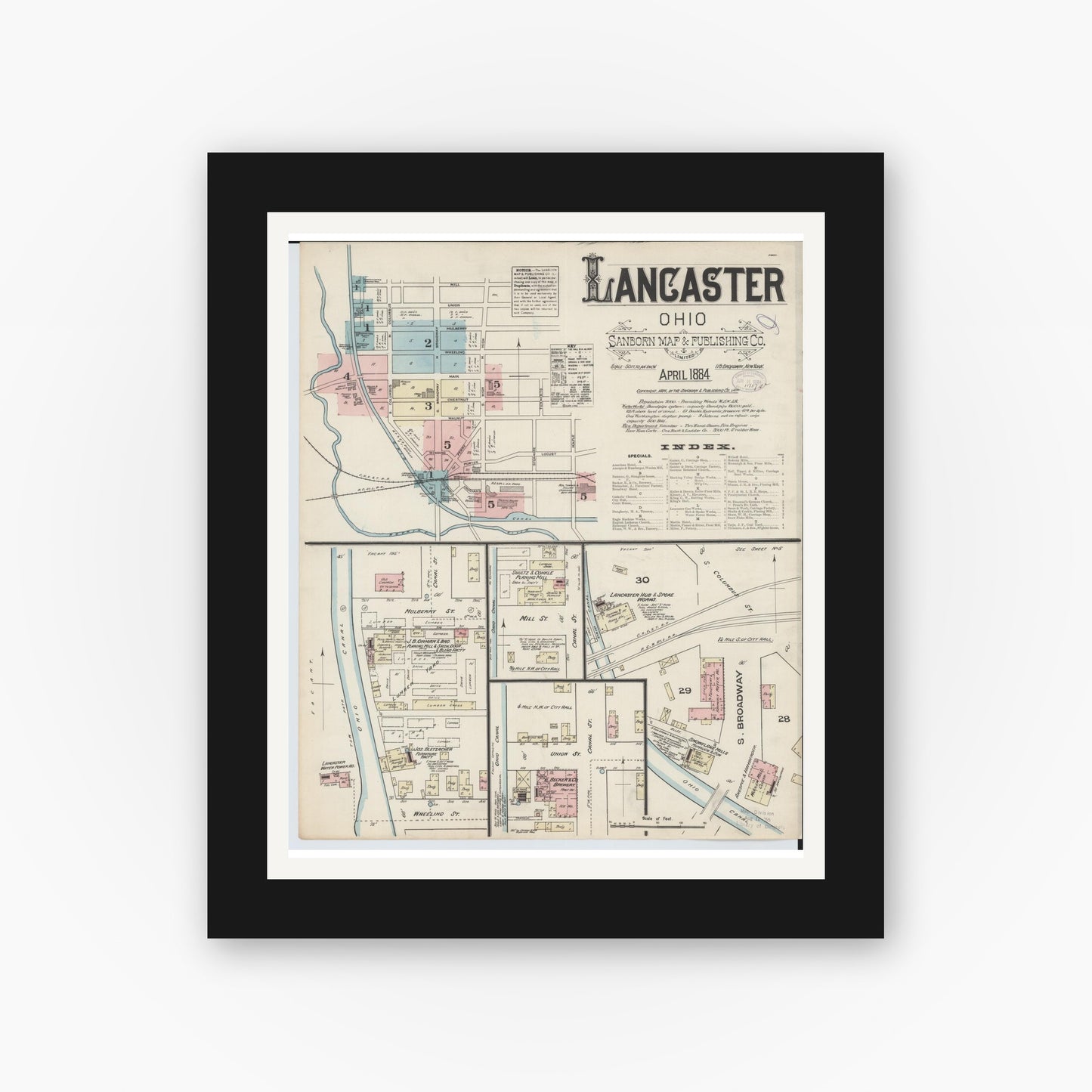 Old map wall art mockup — black gallery frame with white mat — Sanborn Fire Insurance Map from Lancaster, Fairfield County, Ohio (1884), Sheet #0001