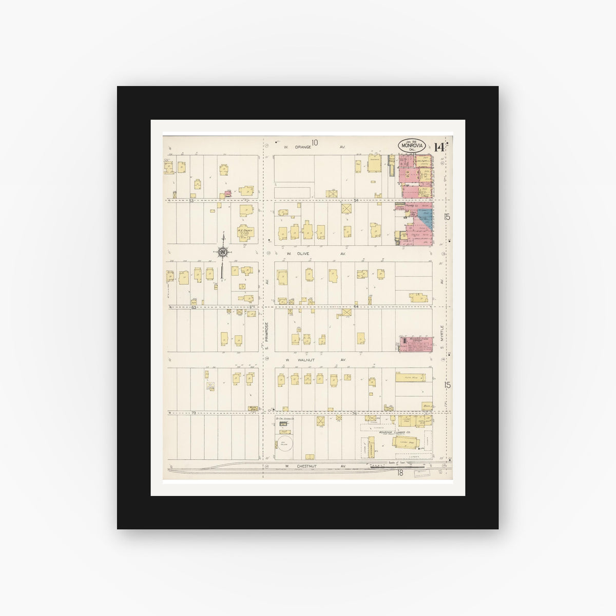 Old map wall art mockup — black gallery frame with white mat — Sanborn Fire Insurance Map from Monrovia, Los Angeles County, California (1913), Sheet #0014