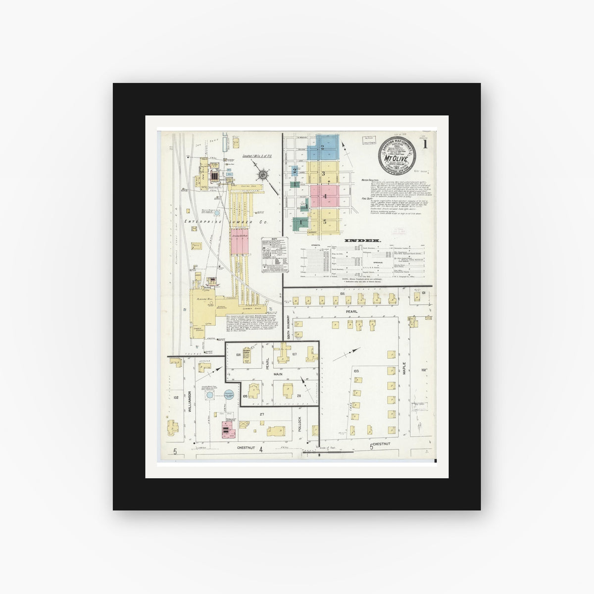 Old map wall art mockup — black gallery frame with white mat — Sanborn Fire Insurance Map from Mount Olive, Wayne County, North Carolina (1912), Sheet #0001