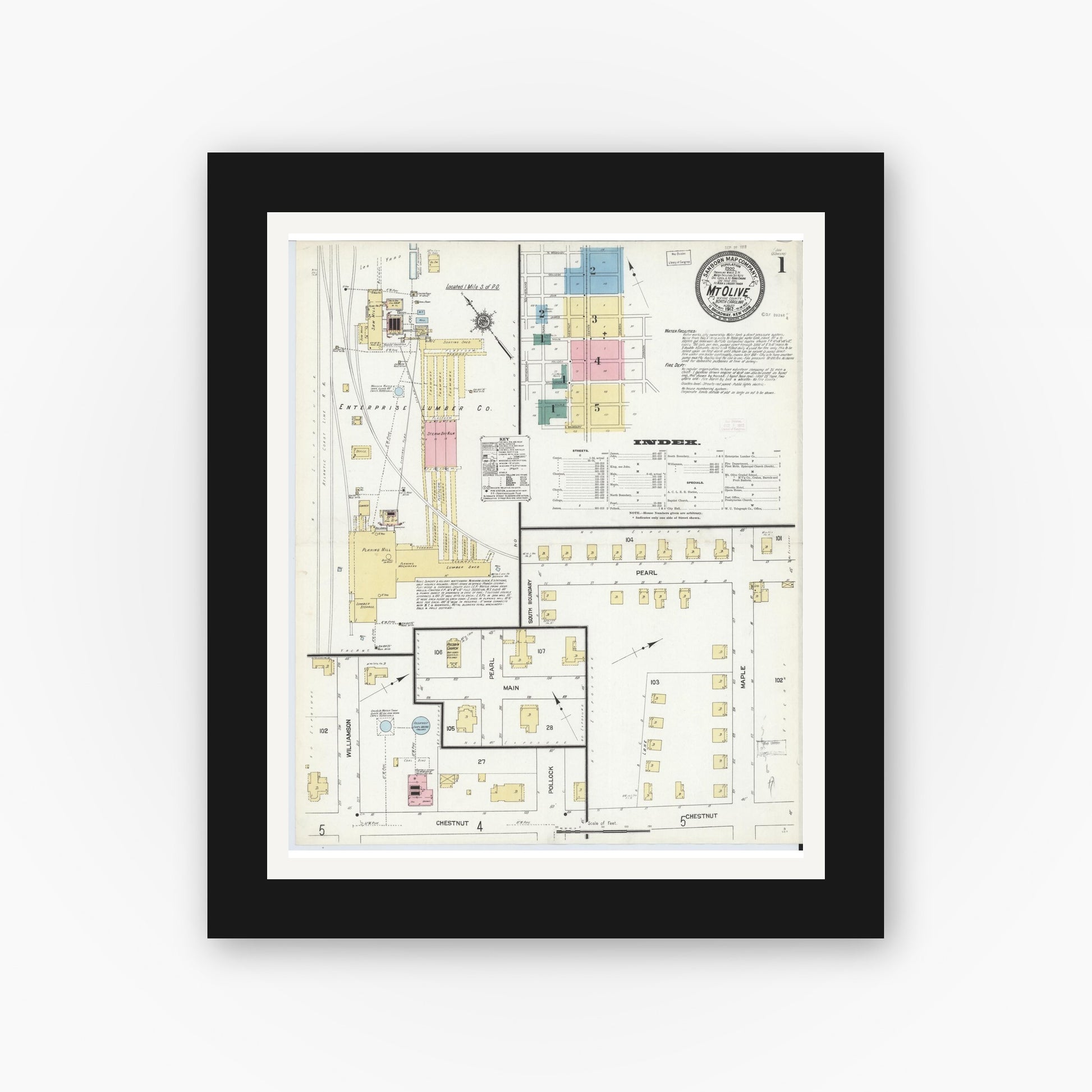 Old map wall art mockup — black gallery frame with white mat — Sanborn Fire Insurance Map from Mount Olive, Wayne County, North Carolina (1912), Sheet #0001