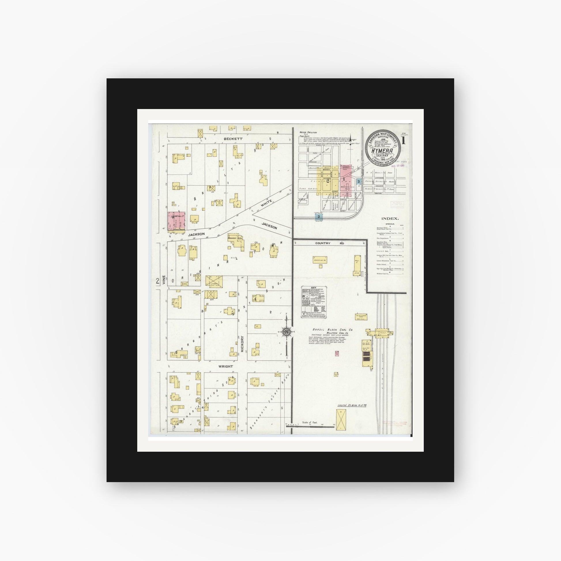 Old map wall art mockup — black gallery frame with white mat — Sanborn Fire Insurance Map from Hymera, Sullivan County, Indiana (1910) - Complete Map Set