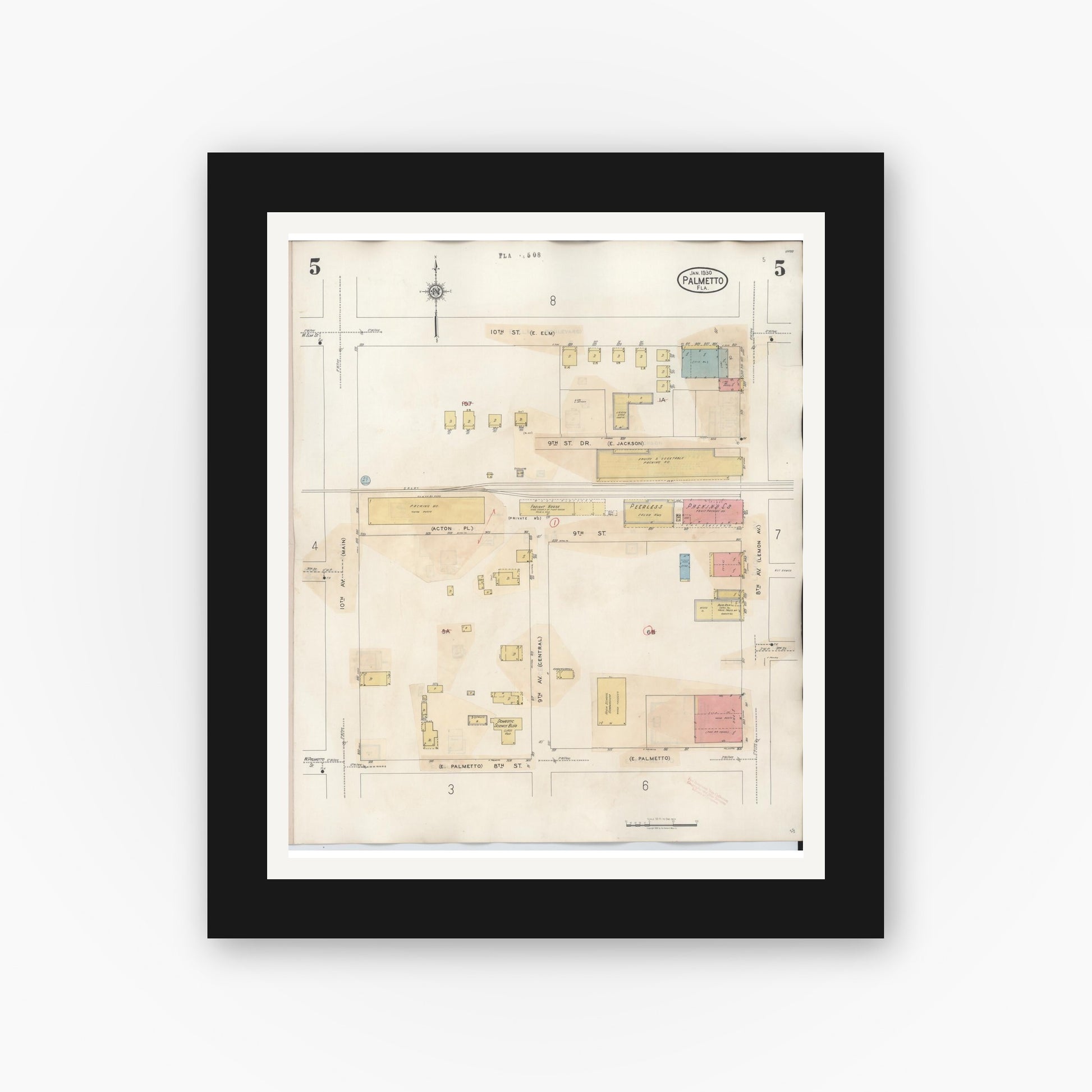Old map wall art mockup — black gallery frame with white mat — Sanborn Fire Insurance Map from Palmetto, Manatee County, Florida (1944), Sheet #0005