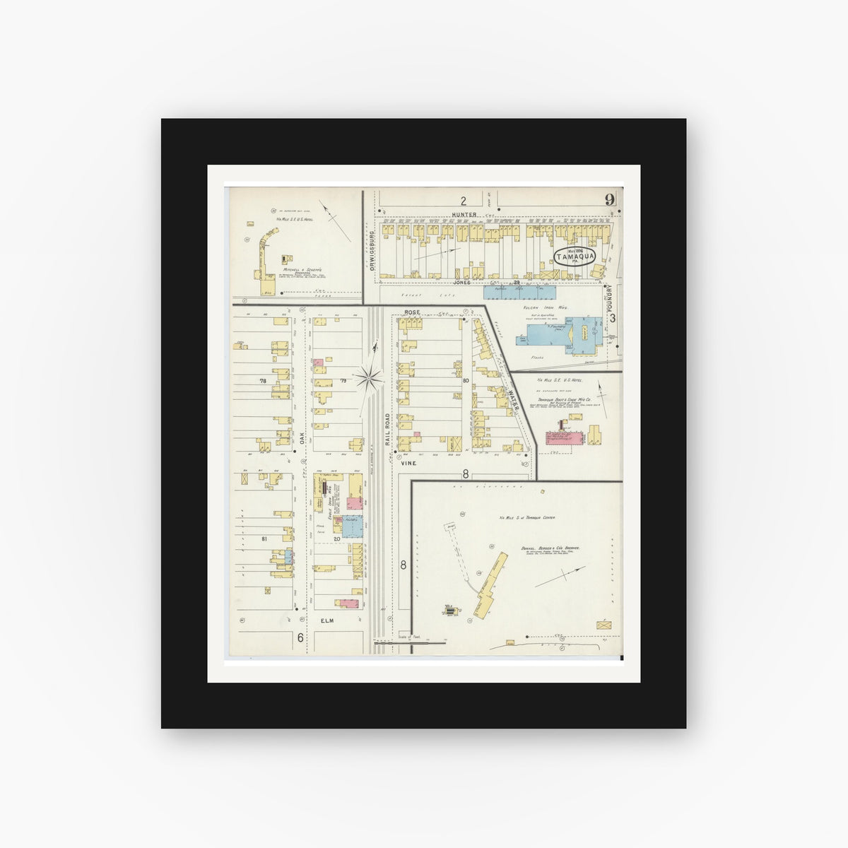 Old map wall art mockup — black gallery frame with white mat — Sanborn Fire Insurance Map from Tamaqua, Schuylkill County, Pennsylvania (1896), Sheet #0009