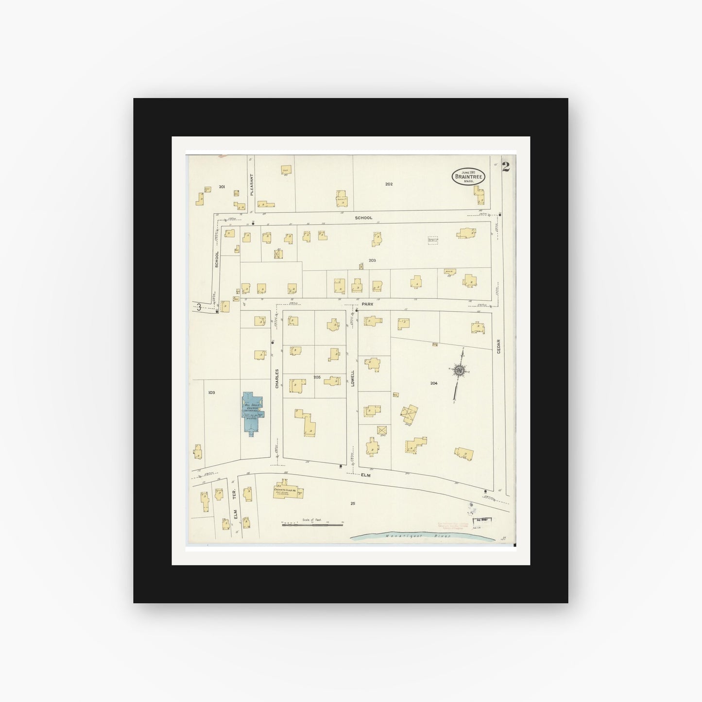 Old map wall art mockup — black gallery frame with white mat — Sanborn Fire Insurance Map from Braintree, Norfolk County, Massachusetts (1911), Sheet #0002