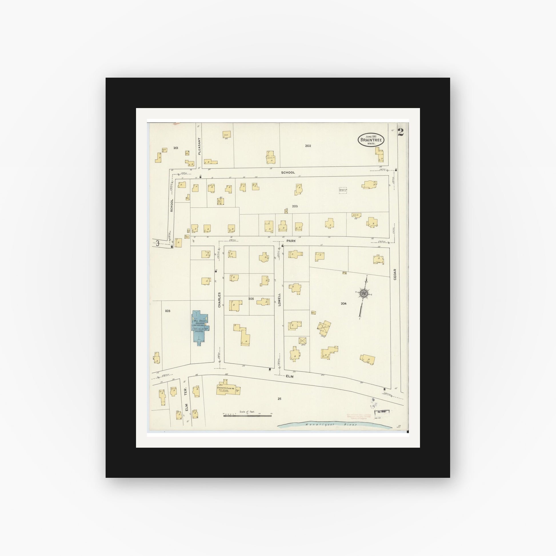 Old map wall art mockup — black gallery frame with white mat — Sanborn Fire Insurance Map from Braintree, Norfolk County, Massachusetts (1911), Sheet #0002