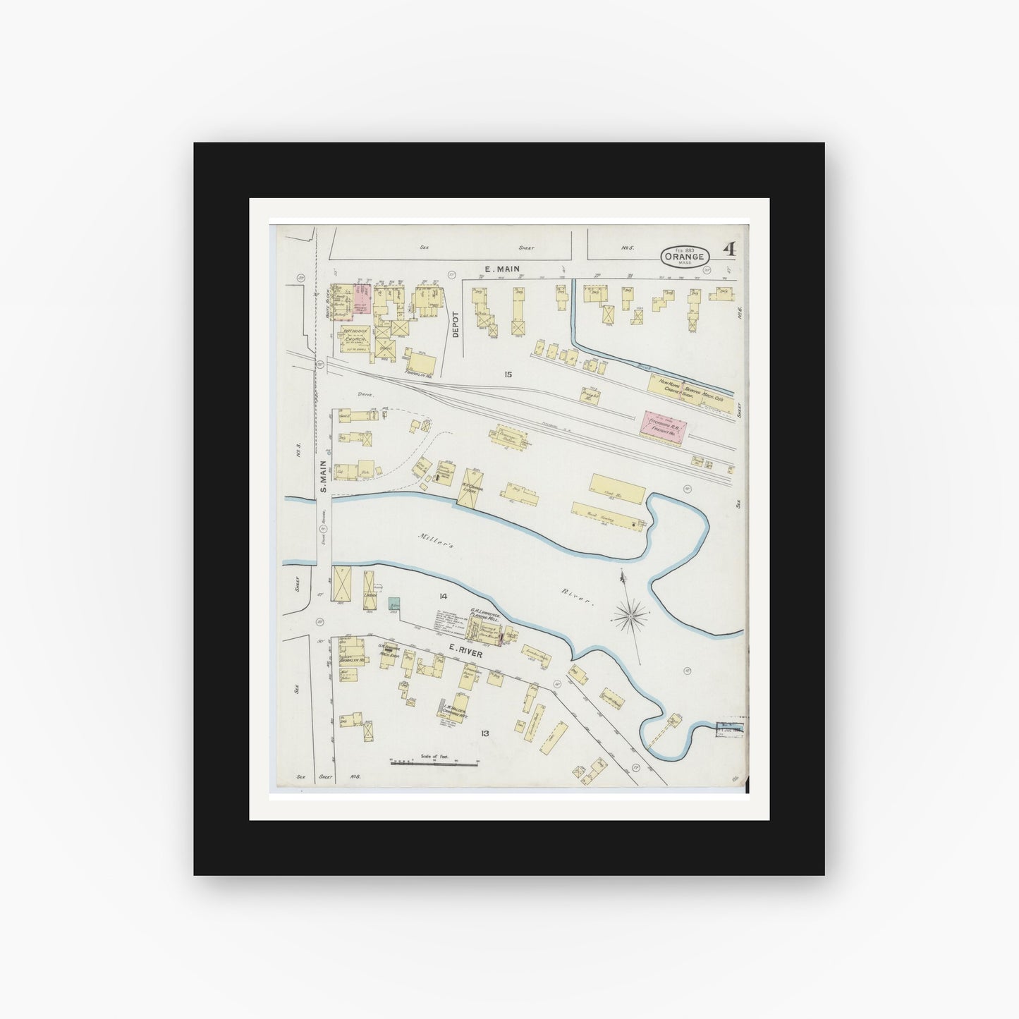 Old map wall art mockup — black gallery frame with white mat — Sanborn Fire Insurance Map from Orange, Franklin County, Massachusetts (1889), Sheet #0004