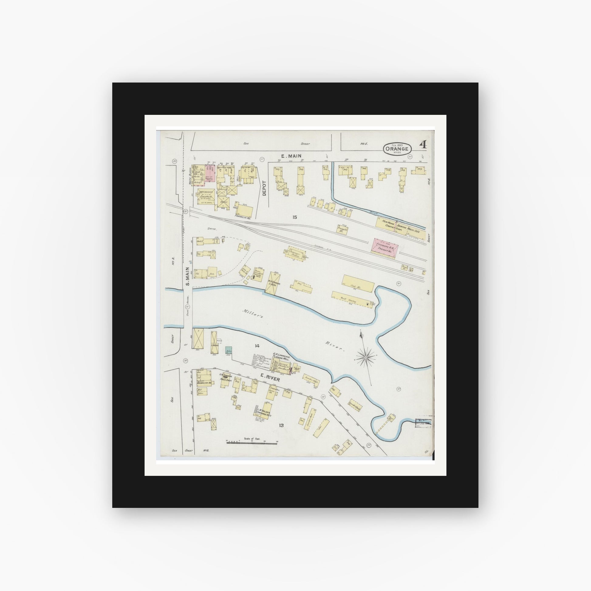 Old map wall art mockup — black gallery frame with white mat — Sanborn Fire Insurance Map from Orange, Franklin County, Massachusetts (1889), Sheet #0004