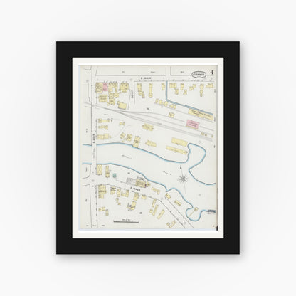 Old map wall art mockup — black gallery frame with white mat — Sanborn Fire Insurance Map from Orange, Franklin County, Massachusetts (1889), Sheet #0004