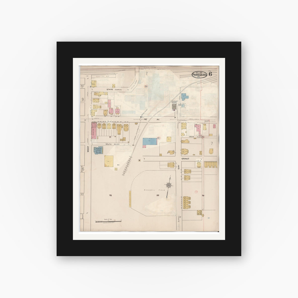 Old map wall art mockup — black gallery frame with white mat — Sanborn Fire Insurance Map from Parkesburg, Chester County, Pennsylvania (1934), Sheet #0006