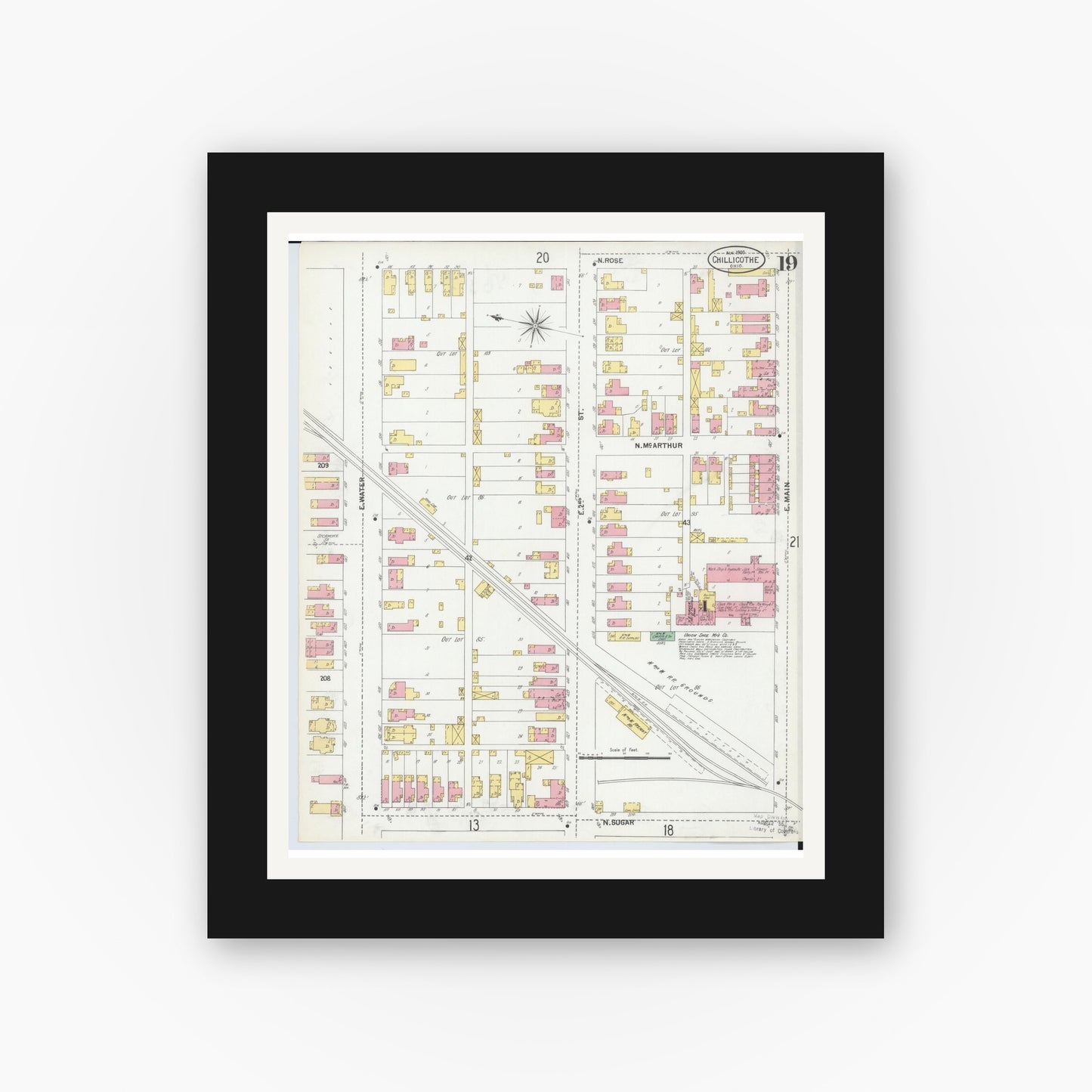 Old map wall art mockup — black gallery frame with white mat — Sanborn Fire Insurance Map from Chillicothe, Ross County, Ohio (1900), Sheet #0019