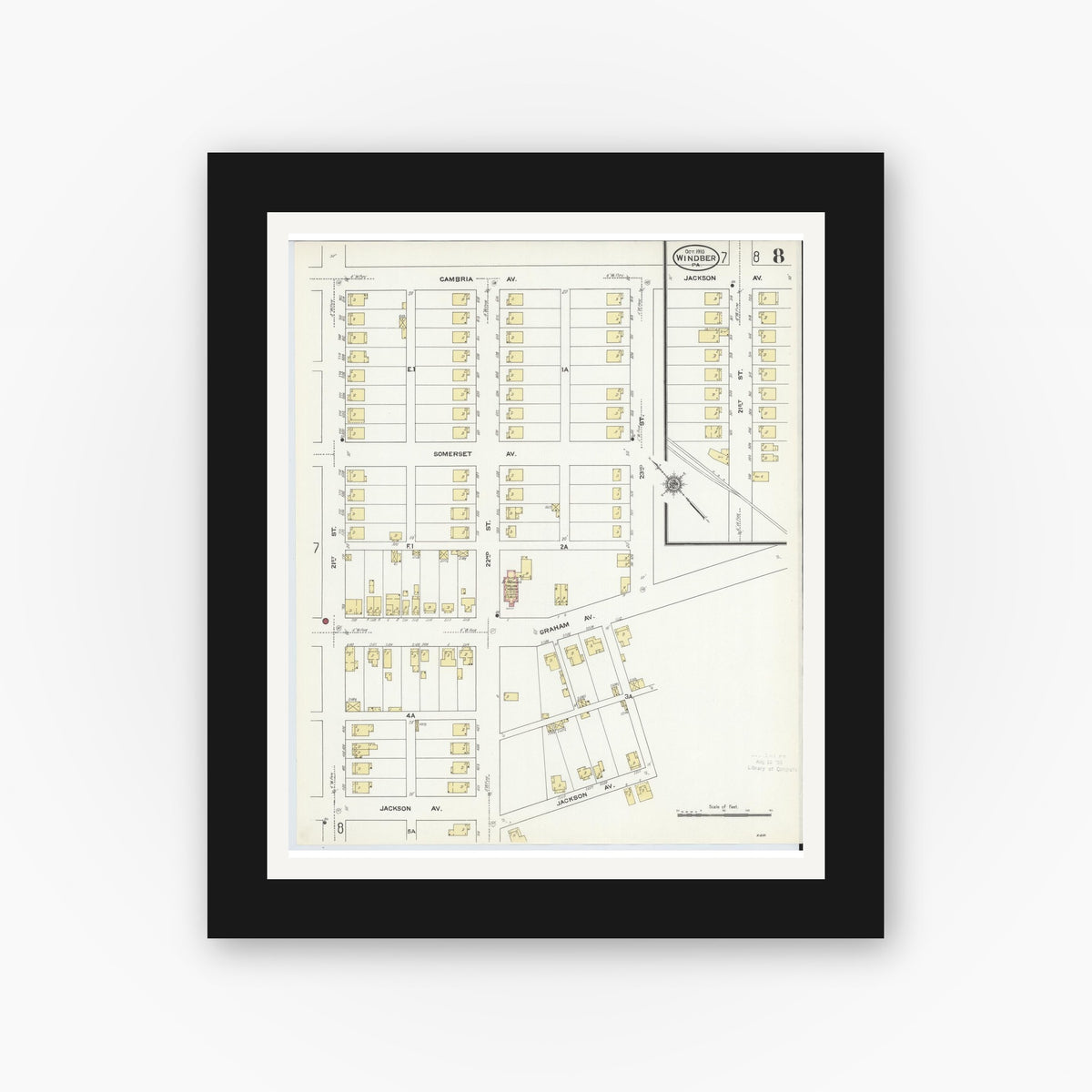Old map wall art mockup — black gallery frame with white mat — Sanborn Fire Insurance Map from Windber, Somerset County, Pennsylvania (1910), Sheet #0008