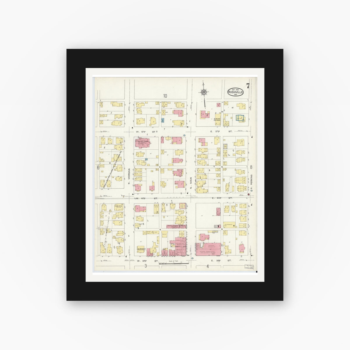 Old map wall art mockup — black gallery frame with white mat — Sanborn Fire Insurance Map from Rushville, Rush County, Indiana (1913), Sheet #0007