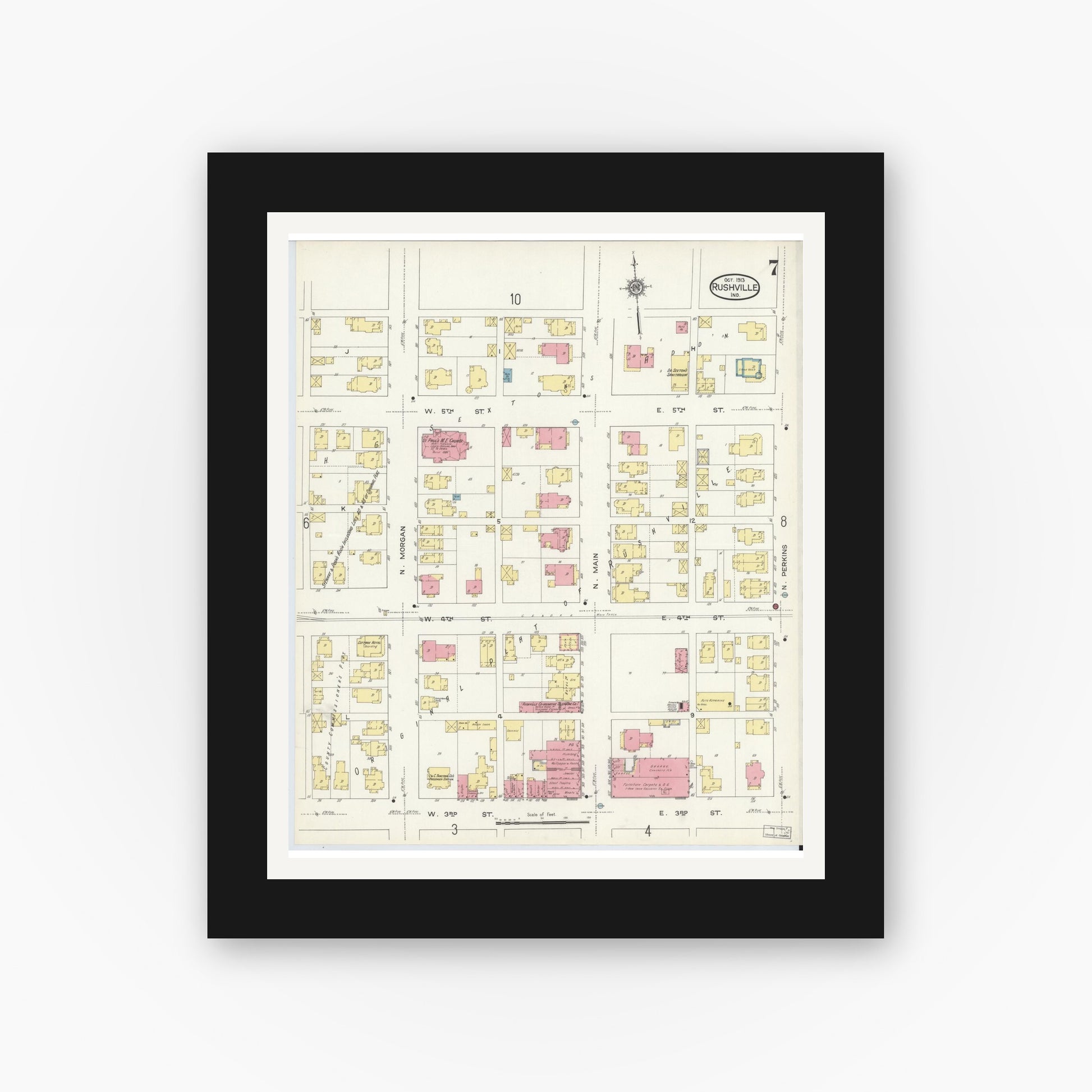 Old map wall art mockup — black gallery frame with white mat — Sanborn Fire Insurance Map from Rushville, Rush County, Indiana (1913), Sheet #0007