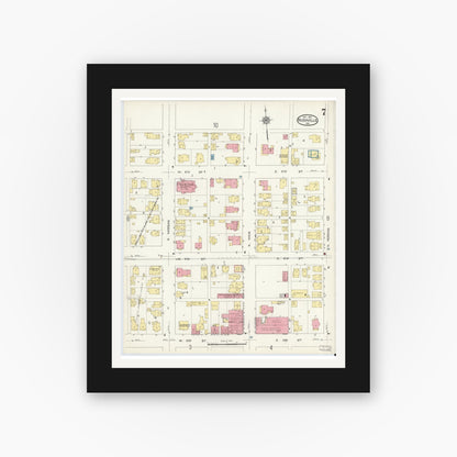 Old map wall art mockup — black gallery frame with white mat — Sanborn Fire Insurance Map from Rushville, Rush County, Indiana (1913), Sheet #0007