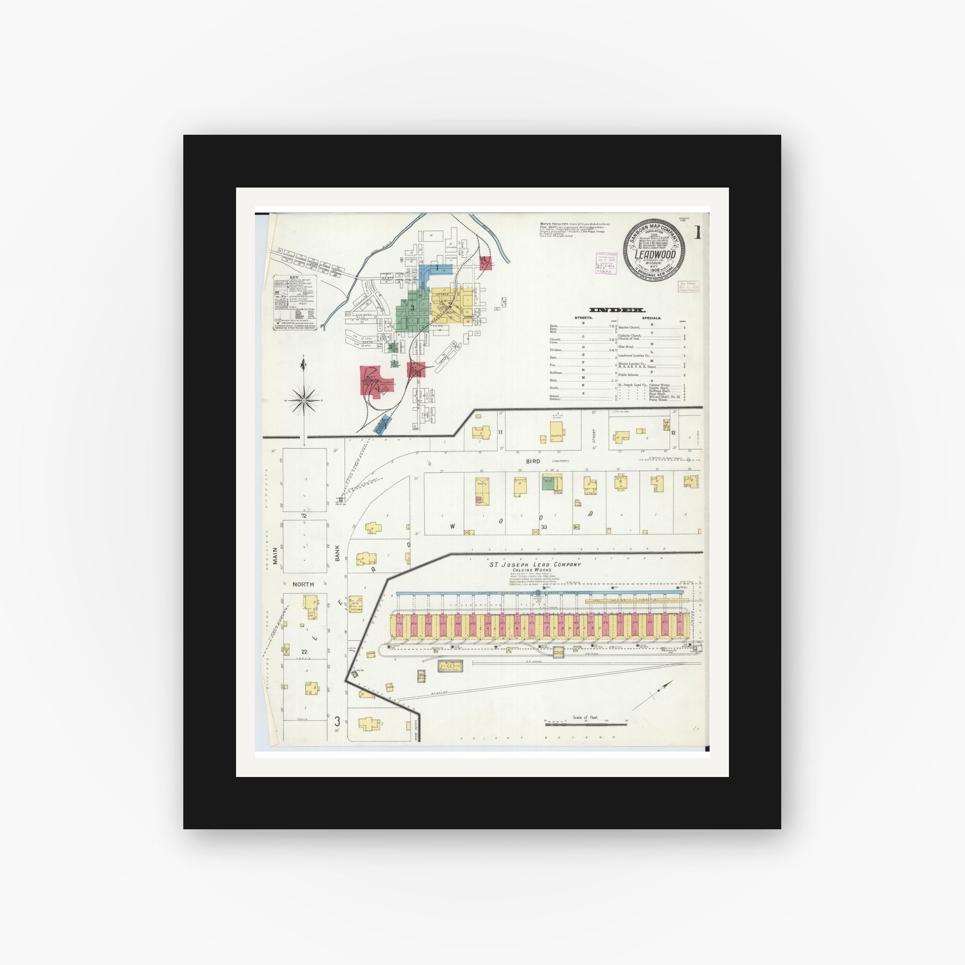 Old map wall art mockup — black gallery frame with white mat — Sanborn Fire Insurance Map from Leadwood, Saint Francois County, Missouri (1908) - Complete Map Set