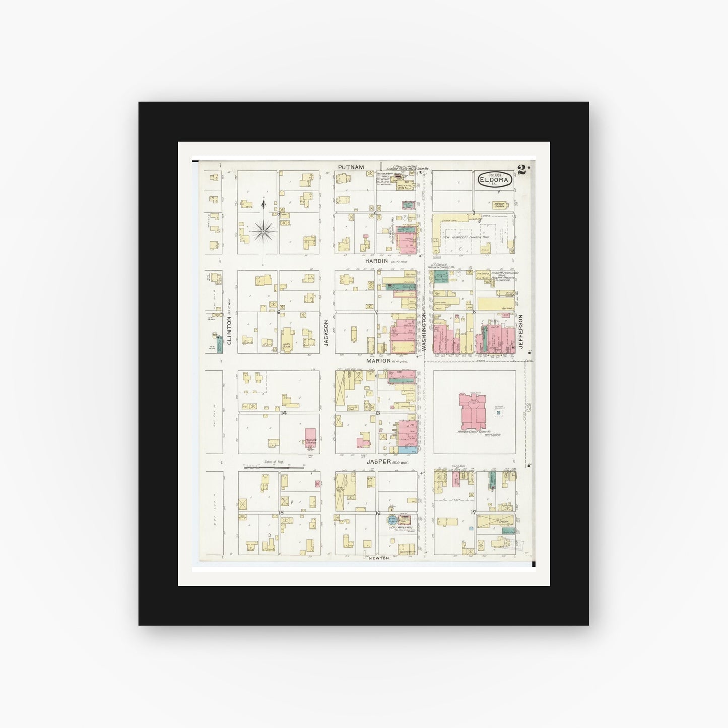 Old map wall art mockup — black gallery frame with white mat — Sanborn Fire Insurance Map from Eldora, Hardin County, Iowa (1893), Sheet #0002