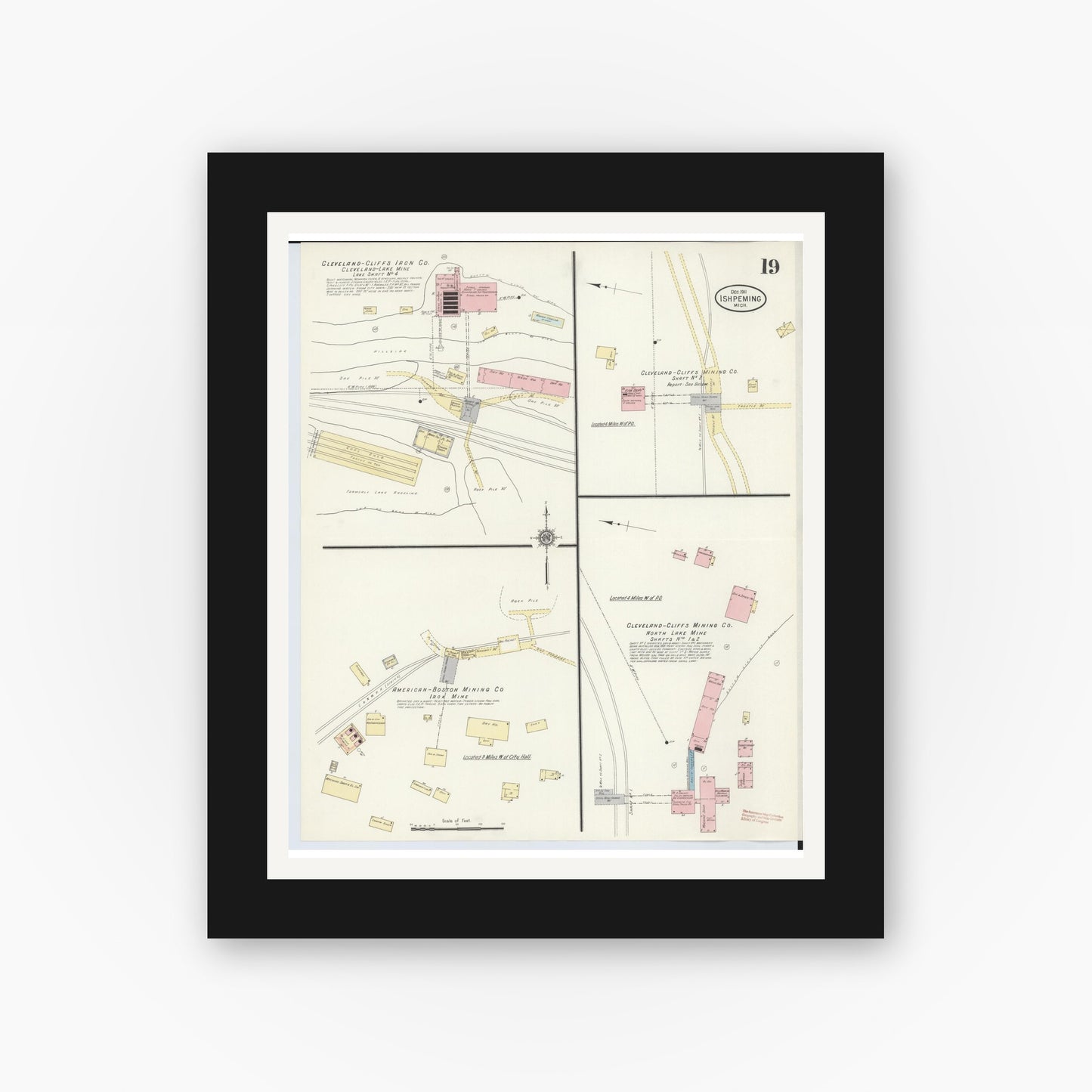 Old map wall art mockup — black gallery frame with white mat — Sanborn Fire Insurance Map from Ishpeming, Marquette County, Michigan (1911), Sheet #0019