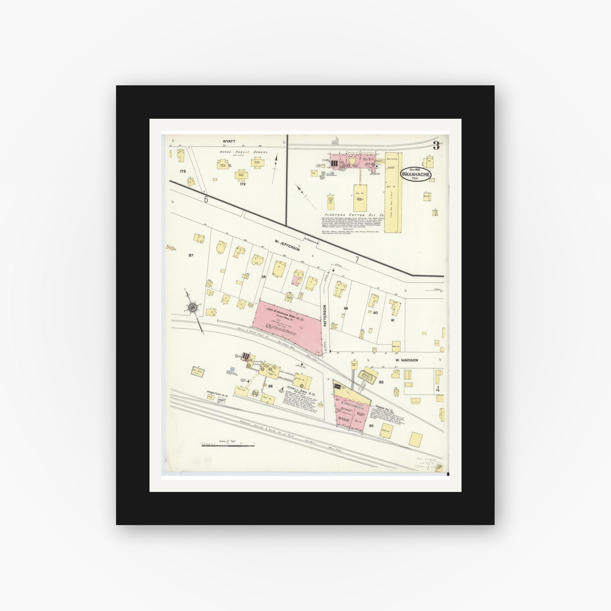 Old map wall art mockup — black gallery frame with white mat — Sanborn Fire Insurance Map from Waxahachie, Ellis County, Texas (1909), Sheet #0003
