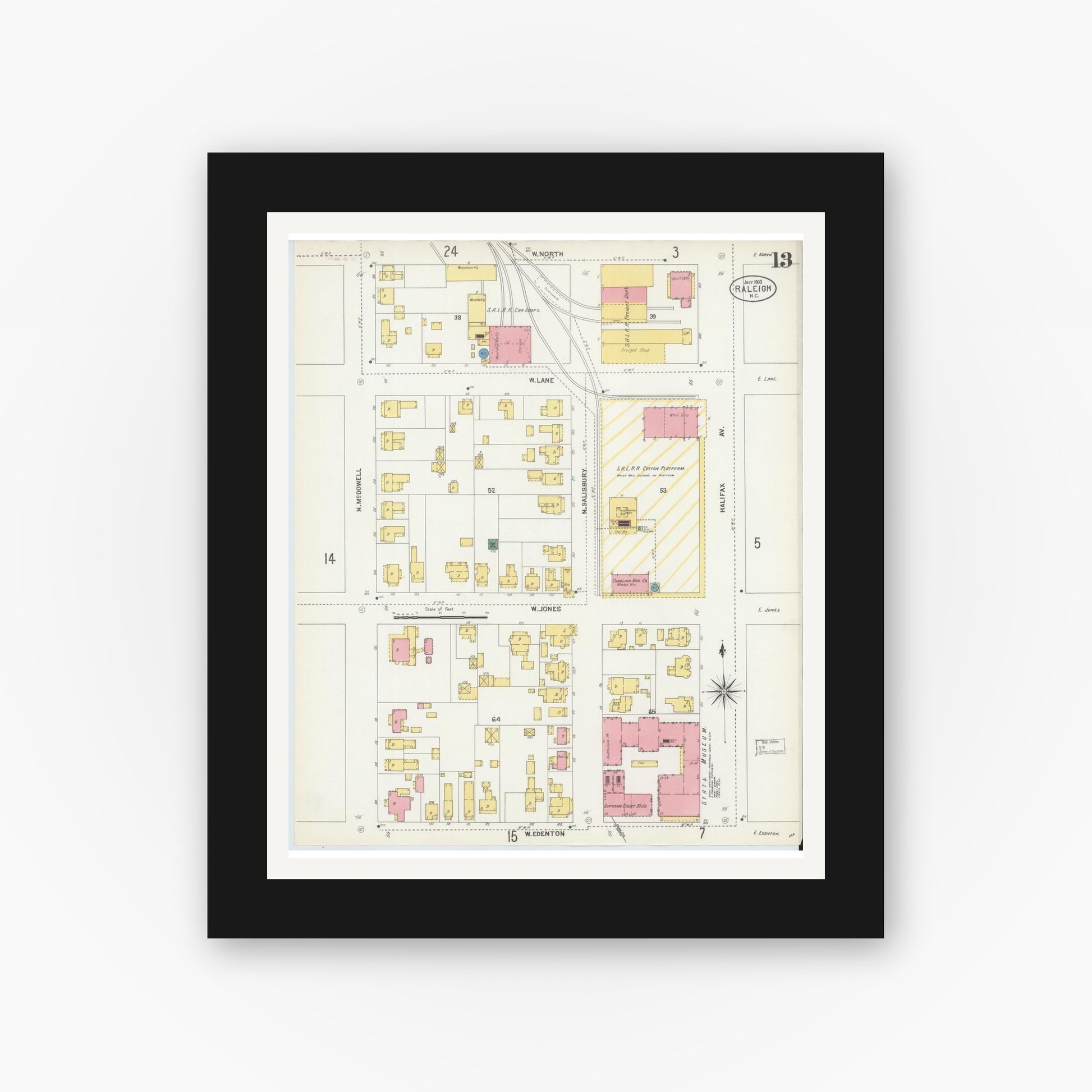 Old map wall art mockup — black gallery frame with white mat — Sanborn Fire Insurance Map from Raleigh, Wake County, North Carolina (1903), Sheet #0013