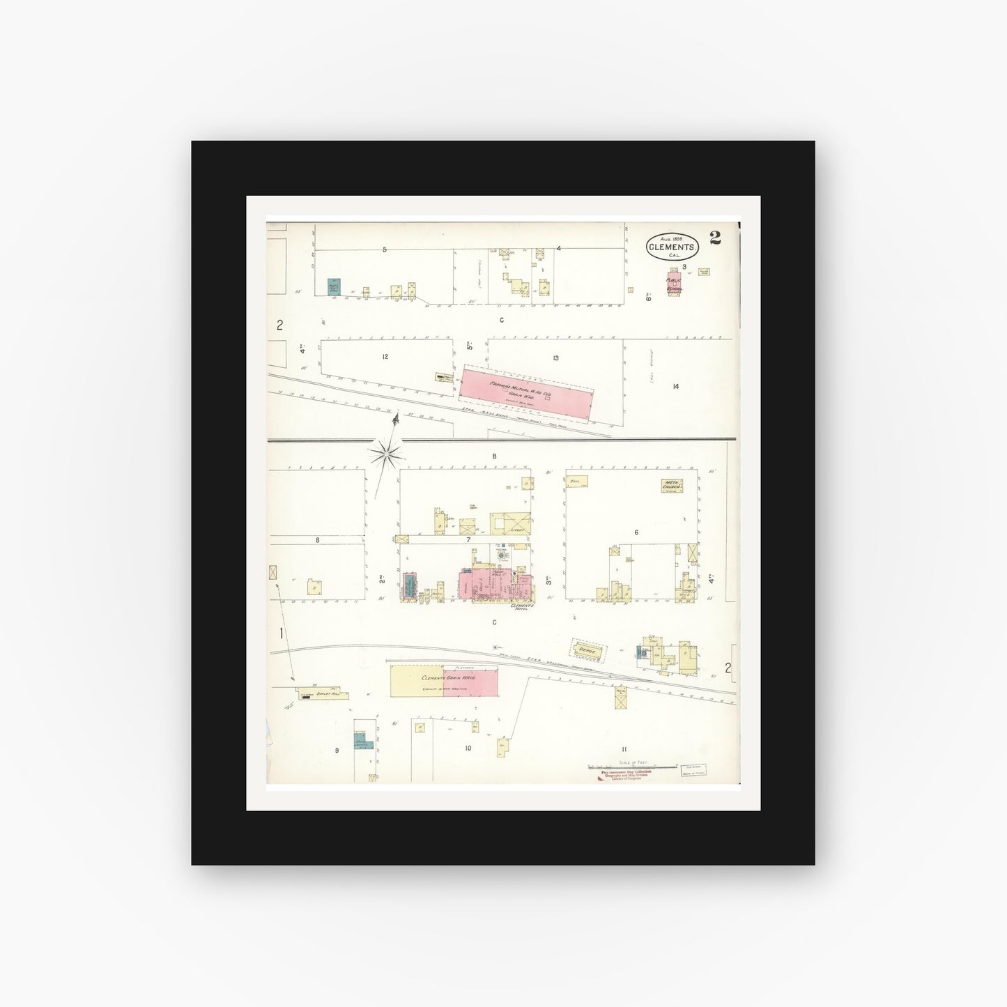 Old map wall art mockup — black gallery frame with white mat — Sanborn Fire Insurance Map from Clements, San Joaquin County, California (1898), Sheet #0002