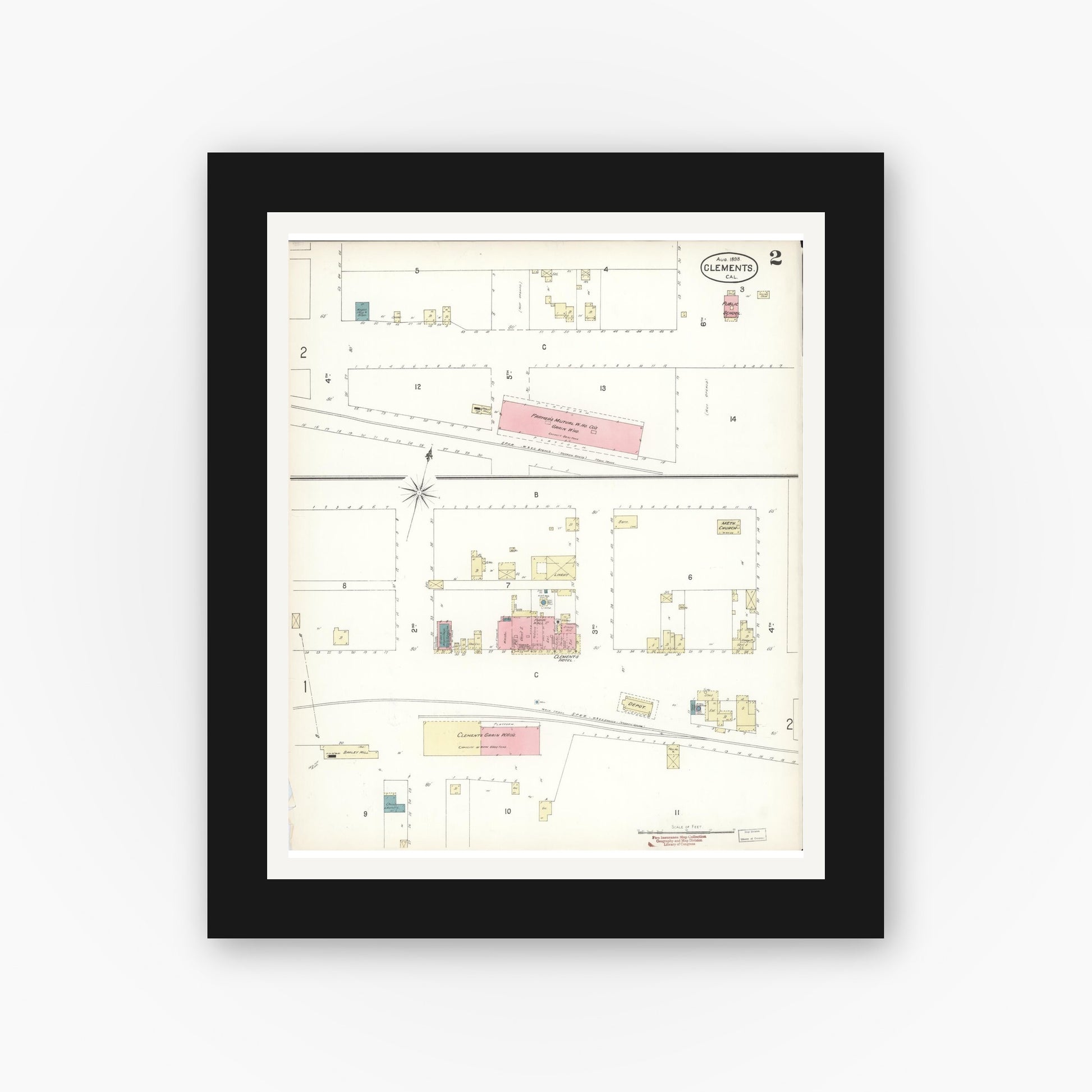 Old map wall art mockup — black gallery frame with white mat — Sanborn Fire Insurance Map from Clements, San Joaquin County, California (1898), Sheet #0002