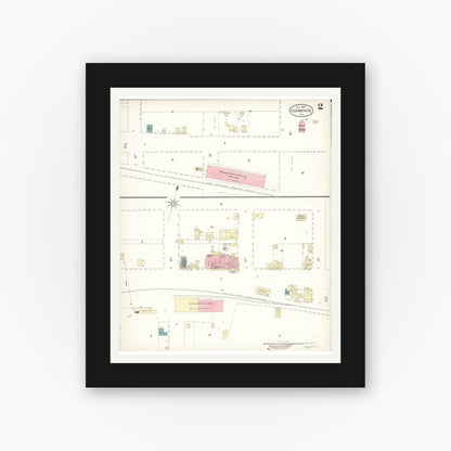 Old map wall art mockup — black gallery frame with white mat — Sanborn Fire Insurance Map from Clements, San Joaquin County, California (1898), Sheet #0002