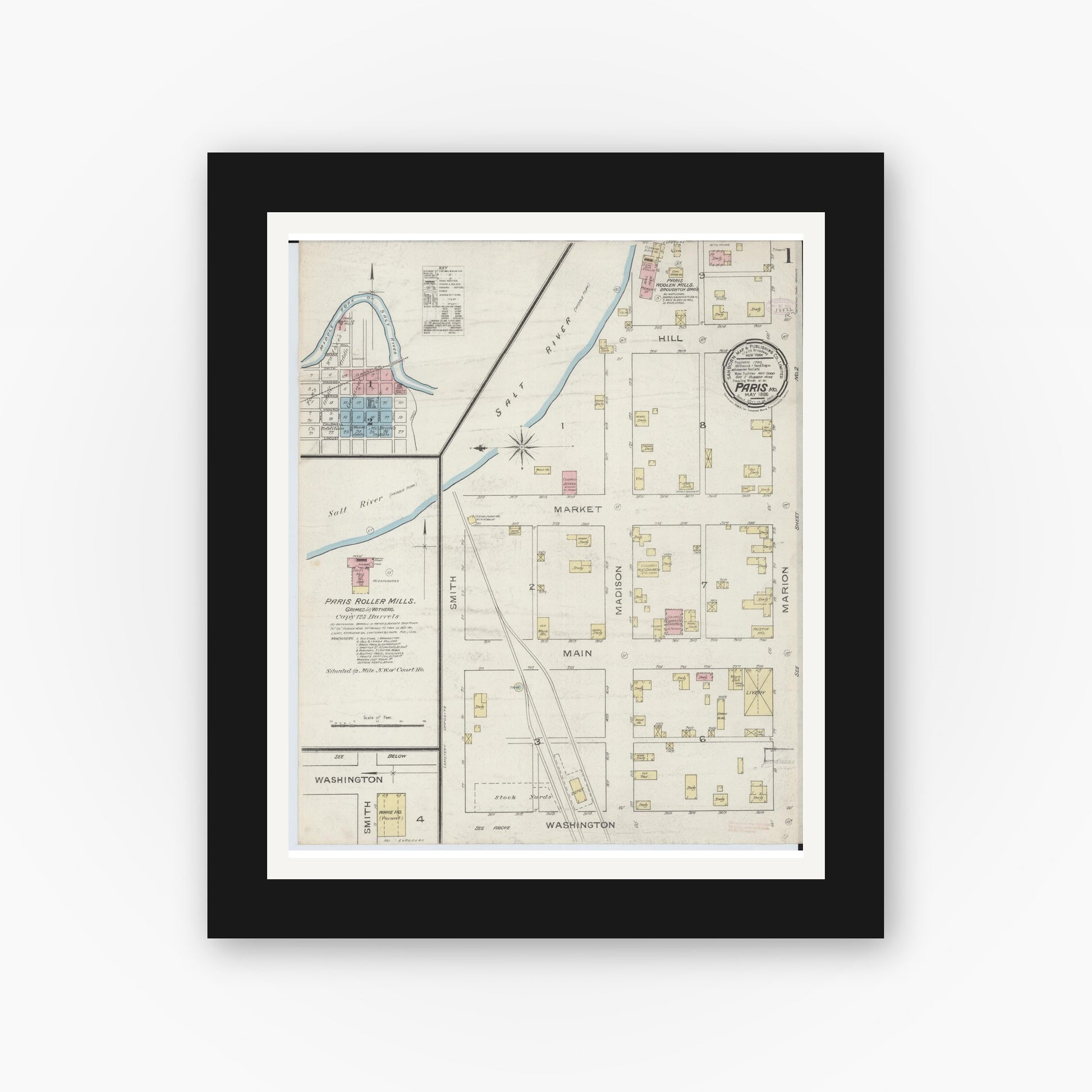 Old map wall art mockup — black gallery frame with white mat — Sanborn Fire Insurance Map from Paris, Monroe County, Missouri (1886) - Complete Map Set