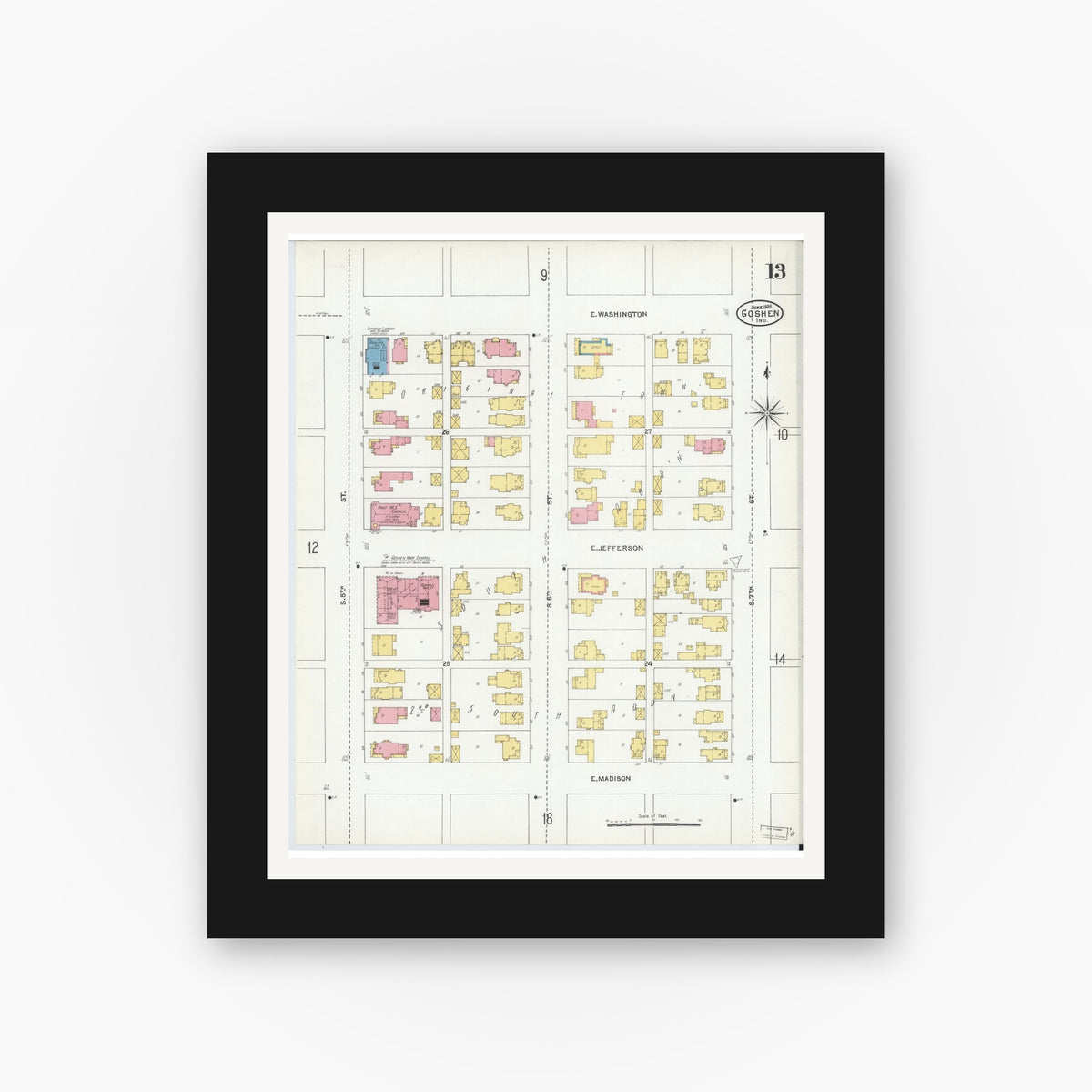 Old map wall art mockup — black gallery frame with white mat — Sanborn Fire Insurance Map from Goshen, Elkhart County, Indiana (1905), Sheet #0013